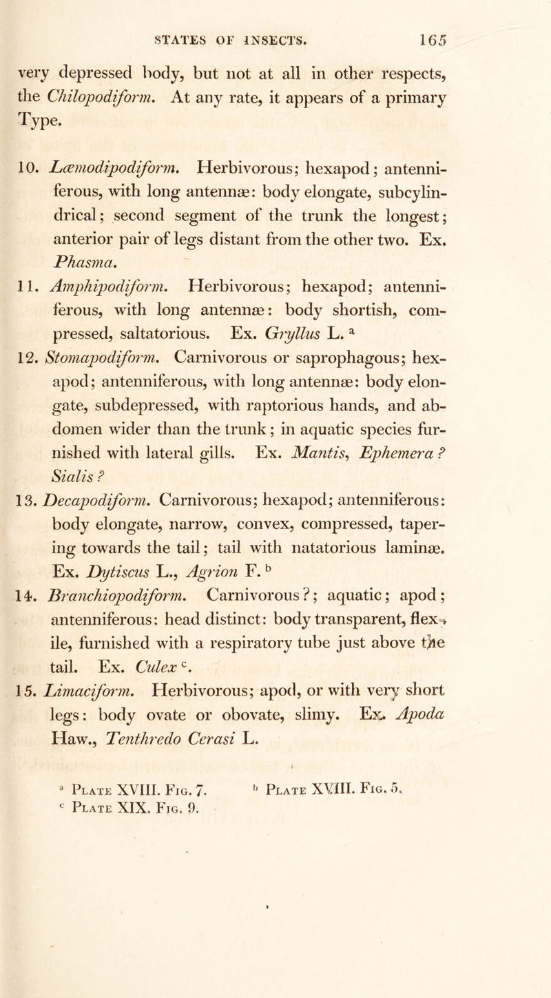 very depressed body, but not at all in other respects, the Chilopodiform. At any rate, it appears of a primary Type. 10. Lcemodipodiform. Herbivorous; hexapod; antenni- ferous, with long antennae: body elongate, subcylin- drical; second segment of the trunk the longest; anterior pair of legs distant from the other two. Ex. Phasma. 11. Amphipodiform. Herbivorous; hexapod; antenni¬ ferous, with long antennae: body shortish, com¬ pressed, saltatorious. Ex. Gtyllus L. a 12. Stomapodiform. Carnivorous or saprophagous; hex¬ apod; antenniferous, with long antennae: body elon¬ gate, subdepressed, with raptorious hands, and ab¬ domen wider than the trunk; in aquatic species fur¬ nished with lateral gills. Ex. Mantis, Ephemera ? Sialis P 13. Decapodiform. Carnivorous; hexapod; antenniferous: body elongate, narrow, convex, compressed, taper¬ ing towards the tail; tail with natatorious laminae. Ex. Dytiscns L., Agrion F. b 14. Branchiopodiform. Carnivorous?; aquatic; apod; antenniferous: head distinct: body transparent, flex^ ile, furnished with a respiratory tube just above t}ie tail. Ex. Culexc. 15. Limaciform. Elerbivorous; apod, or with very short legs: body ovate or obovate, slimy. Ex* Apodei Haw., Tenthredo Cerasi L. c Plate XIX. Fig. 9.