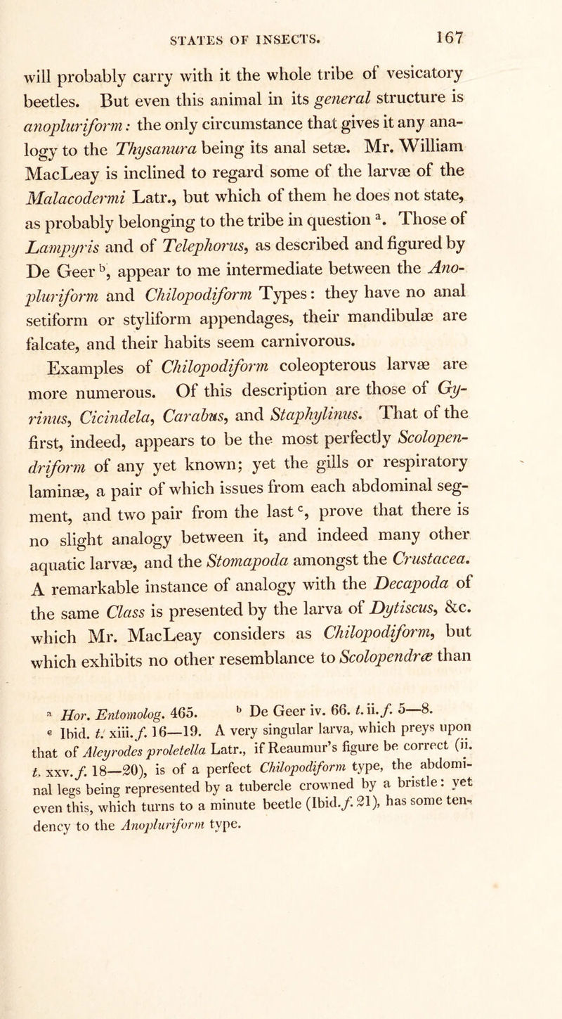 will probably carry with it the whole tribe ol vesicatory beetles. But even this animal in its general structure is anopluriform: the only circumstance that gives it any ana¬ logy to the Thysanura being its anal setae. Mr. William MacLeay is inclined to regard some of the larvae of the Malacodermi Latr., but which of them he does not state, as probably belonging to the tribe in question a. Those of Lampyris and of Telephone, as described and figured by De Geer b, appear to me intermediate between the Ano¬ pluriform and Chilopodiform Types: they have no anal setiform or styliform appendages, their mandibulae aie falcate, and their habits seem carnivorous. Examples of Chilopodiform coleopterous larvae are more numerous. Of this description are those of Gy- rinns, Cicindela, Car alms, and Staphylinus. That of the first, indeed, appears to be the most perfectly Scolopen- dr form of any yet known; yet the gills or respiratory laminae, a pair of which issues from each abdominal seg¬ ment, and two pair from the lastc, prove that there is no slight analogy between it, and indeed many other aquatic larvae, and the Stomapoda amongst the Crustacea. A remarkable instance of analogy with the Decapoda of the same Class is presented by the larva of Dytiscus, &amp;c. which Mr. MacLeay considers as Chilopodiform, but which exhibits no other resemblance to Scolopendree than a Hor. Entomolog. 465. b De Geer iv. 66. t.u.f. 5—8. e Ibid, t: xiii./. 16—19. A very singular larva, which preys upon that of Aleyrodes proletella Latr., if Reaumur’s figure be correct (u. t, xxv./. 18—20), is of a perfect Chilopodiform type, the abdomi¬ nal legs being represented by a tubercle crowned by a bristle: yet even this, which turns to a minute beetle (Ibid./. 21), has some ten¬ dency to the Anopluriform type.