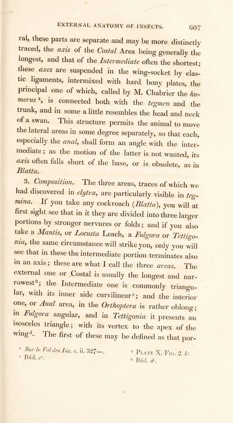 ral, these parts are separate and may be more distinctly traced, the axis of the Costal Area being generally the longest, and that of the Intermediate often the shortest; the^e axes are suspended in the wing-socket by elas¬ tic ligaments, intermixed with hard bony plates, the principal one of which, called by M. Chabrier the hu- mernsa, is connected both with the tegmen and the trunk, and in some a little resembles the head and neck of a swan. This structure permits the animal to move the lateral areas in some degree separately, so that each, especially the anal, shall form an angle with the inter¬ mediate ; as the motion of the latter is not wanted, its axis often falls short of the base, or is obsolete, as in Blatta, 3. Composition. The three areas, traces of which we had discovered in elytra,, are particularly visible in teg- mnia. It you take any cockroach (Blatta), you will at. first sight see that in it they are divided into three larger portions by stronger nervures or folds; and if you also take a Mantis, or Locusta Leach, a Fulgora or Tettigo- ma9 ^ie same circumstance will strike you, only you will see that m these the intermediate portion terminates also m an axis ; these are what I call the three areas. The external one or Costal is usually the longest and nar¬ rowest5; the Intermediate one is commonly triangu¬ lar, with its inner side curvilinear0; and the interior one, or Anal area, in the Orthoptera is rather oblong; in Fulgora angular, and in Tettigonia it presents an isosceles triangle; with its vertex to the apex of the wing . The first of these may bevdefined as that por- a Sur le Vol des Ins. c. ii. ,327—. L' Ibid. c. h Plate X. Fig. 2. b\ d Ibid. d\