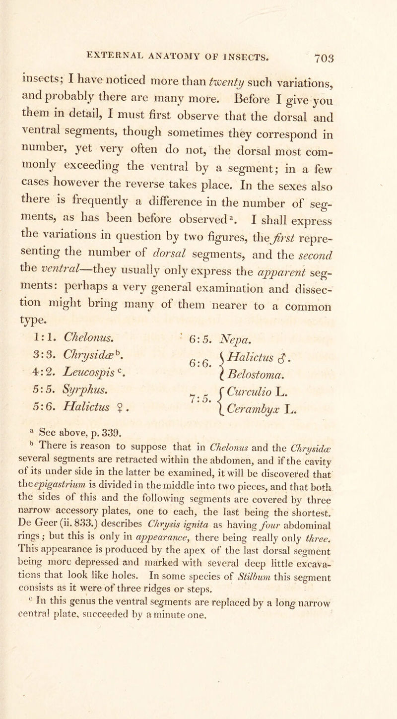 insects; I have noticed more than twenty such variations, and probably there are many more. Before I give you them in detail, I must first observe that the dorsal and central segments, though sometimes they correspond in numbei, yet very often do not, the dorsal most com¬ monly exceeding the ventral by a segment; in a few cases however the reverse takes place. In the sexes also theie is frequently a difference in the number of seg¬ ments, as has been before observed3. I shall express the variations in question by tw o figures, the first repre¬ senting the number of dorsal segments, and the second the ventral they usually only express the apparent seg¬ ments: perhaps a very general examination and dissec¬ tion might bring many of them nearer to a common type. 1:1. Chelonus. 3:3. Chrysidaeb. 4:2. Leueospisc. 5:5. Syrphus. 5:6. Halictus $ . • 6:5. 6:6. 7:5. Nepa. Halictus (7. Belostoma. f Curculio L. I Cerambyx L, a See above, p. 339. b There is reason to suppose that in Chelonus and the Chrysidce several segments are retracted within the abdomen, and if the cavity of its under side in the latter be examined, it will be discovered that the epigastrium is divided in the middle into two pieces, and that both the sides of this and the following segments are covered by three narrow accessory plates, one to each, the last being the shortest. De Geer (ii. 833.) describes Chrysis ignita as having four abdominal rings; but this is only in appearance, there being really only three. This appearance is produced by the apex of the last dorsal segment being more depressed and marked with several deep little excava¬ tions that look like holes. In some species of Stilbum this segment consists as it were of three ridges or steps. In this genus the ventral segments are replaced by a long narrow central plate, succeeded by a minute one.