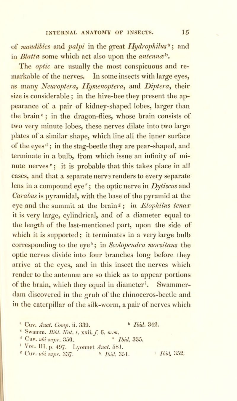 of mandibles niul palpi in the great Hpdropliilus^; and in Blatta some which act also upon the antennee^. The optic are usually the most conspicuous and re- markable of the nerves. In some insects with large eyes, as many Neiiroptera, Hpmenojytera, and Diptcra, their size is considerable ; in the hive-bee they present the ap- jiearance of a pair of kidney-shaped lobes, larger than the brain‘d; in the dragon-flies, whose brain consists of two very minute lobes, these nerves dilate into two large plates of a similar shape, which line all the inner surface of the eyes‘*; in the stag-beetle they are pear-shaped, and terminate in a bulb, from which issue an infinity of mi- nute nerves'; it is probable that this takes place in all cases, and that a separate nerve renders to every separate lens in a compound eye ^; the optic nerve in Dptiscus and Carabus is pyramidal, with the base of the pyramid at the eye and the summit at the brains ; in Elophilus tenax it is very large, cylindrical, and of a diameter equal to the length of the last-mentioned part, upon the side of which it is supported; it terminates in a very large bulb corresponding to the eye''; in Scolopcndra morsitans the optic nerves divide into four branches long before they arrive at the eyes, and in this insect the nerves which l ender to the antenme are so thick as to ajipear portions of the brain, which they ecpial in diameter'. .Swammer- dam discovered in the ‘irub of the rhinoceros-beetle and in the caterpillar of the silk-worm, a pair of nerves which  Cuv. Amt. Comp. ii. 339. '' Ibid. .342. ' Hwamm. liibl. Xat. 1. wn.f. C. m.m. '* C'liv. uhi supr. .3.’)0. “ Ibid. 335. ^ III. ]). -197. I.yonnet Ann!. 5&lt;SI.
