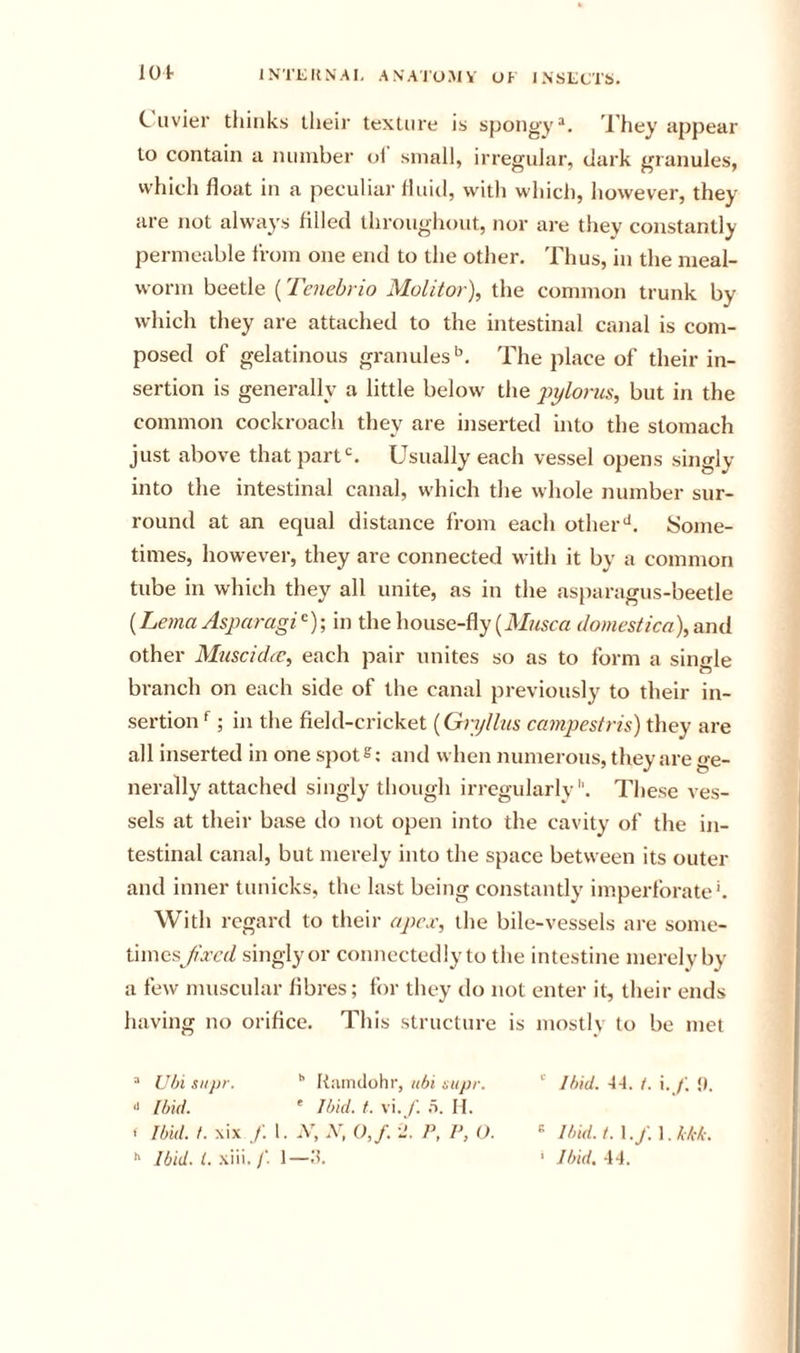 lot Cuvier thinks their texture is spongyI'hey appear to contain a number small, irregular, dark granules, which float in a peculiar fluid, with which, however, they are not always filled throughout, nor are they constantly permeable from one end to the other. Thus, in the meal- worm beetle (’^L'enebrio JMolitor), the common trunk by which they are attached to the intestinal canal is com- posed of gelatinous granules'. The place of their in- sertion is generally a little below the pylorus^ but in the common cockroach they are inserted into the stomach just above that part ^ Usually each vessel opens singly into the intestinal canal, which the whole number sur- round at an equal distance from each other*'. Some- times, however, they are connected with it by a common tube in which they all unite, as in the asparagus-beetle {Lema Asparagi'^y, in the house-fly &lt;/owc5//cfl-),and other Muscidcv, each pair unites so as to form a single branch on each side of the canal previously to their in- sertion ^; in the field-cricket {Gryllns campestris) they are all inserted in one spot e; and when numerous, they are ge- nerally attached singly though irregularly''. Tliese ves- sels at their base do not open into the cavity of the in- testinal canal, but merely into the space between its outer and inner tunicks, the last being constantly imperforate'. With regard to their apex, the bile-vessels ai-e some- timesfxed singly or connectedly to the intestine merely by a few muscular fibres; for they do not enter it, their ends having no orifice. This structure is mostly to be met “ Uhi siipr. '* Raintlohr, ti6i supr. ‘ Ibid. 4-1. t. i. f. !). •&gt; [hid. ' Ibid. t. vi. /’. r&gt;. 11. . Ibid. t. xix f. I. iV, .V, OJ. -i. P, P, (). ^ [bid. t. \.f. 1. W-X-.