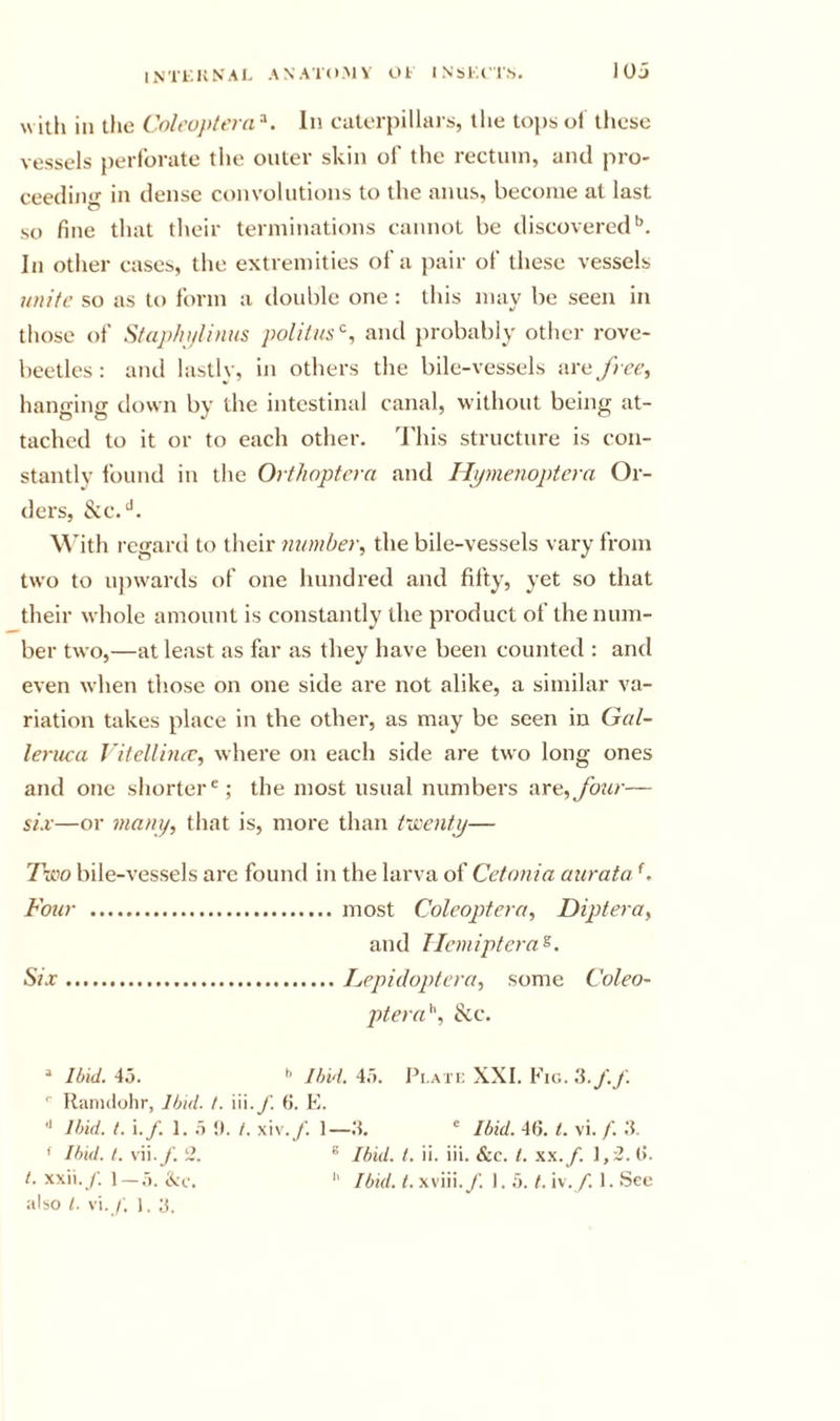 with in the Colcoptcra^. In caterpillars, the tops ol these vessels perforate the outer skin of the rectum, and pro- ceeding in dense convolutions to the anus, become at last so fine that their terminations cannot be discovered’’. In other cases, the extremities of a pair of tliese vessels unite so as to form a double one : this may be seen in those of Stapliylinus politus'^, and probably other rove- beetles: and lastly, in others the bile-vessels iwe/rce, hanging down by the intestinal canal, without being at- tached to it or to each other. This structure is con- stantly found in the Orthoptera and Hymenoptcra Or- ders, &amp;c.^. With regard to their number, the bile-vessels vary from two to upwards of one hundred and fifty, yet so that their whole amount is constantly the product of the num- ber two,—at least as far as they have been counted : and even when those on one side are not alike, a similar va- riation takes place in the other, as may be seen in Gal- lenua J’i fell hue, where on each side are two long ones and one shorter*; the most usual numbers are,Jour— si.v—or many, that is, more than t'uscnty— 7tt&gt;o bile-vessels arc foinifl in the larva of Cetonia aurata b Four most Coleoptera, Diptera, and Tlemiptera^. Six Lepidoptera, some Coleo- ptera^, &amp;c. ^ Ibid. 4o. *’ Ibid. 4.5. Pi.ati; XXL Fig. '■ Ranulohr, Ibid. t. iii.y'. ti. K. ■* Ibid. t. \.f. 1. .5 !). t. xiv./. 1—.‘5. ' Ibid. 46. t. vi. /'. ' Ibid. t. vii./. 2. ® Ibid. i. ii. iii. &amp;c. 1. x.\.f. (&gt;• I. wW. f. 1 — ,). tXc. '' Ibid. /. xviii.y. I. .5. I. iv. /. 1. See also 1. vi. /, ). 3.