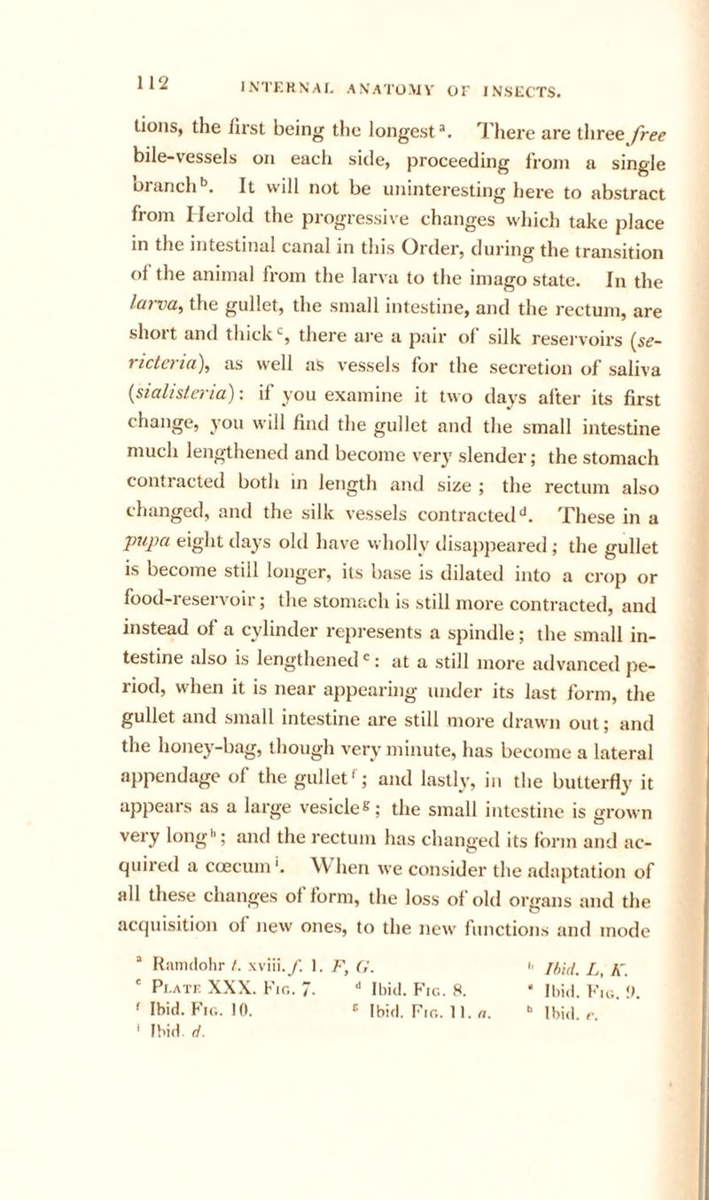 lions, the lirst being the longest^. There are three free bile-vessels on each side, proceeding from a single branch^. It will not be uninteresting here to abstract from Herold the progressive changes which take place m the intestinal canal in this Order, during the transition of the animal from the larva to the imago state. In the larva^ the gullet, the small intestine, and the rectum, are short and thick =, there are a pair of silk reservoirs (5^- 1 ictci i(i\ as well as vessels for the secretion of saliva {siahsteria): if you examine it two days alter its first change, you will find the gullet and the small intestine much lengthened and become very slender; the stomach contracted both in length and size ; the rectum also changed, and the silk vessels contractedThese in a pupa eight days old have vvholly disajipeared ; the gullet is become still longer, its base is dilated into a crop or food-reservoir; the stomach is still more contracted, and instead of a cylinder represents a spindle; the small in- testine also is lengthened ^: at a still more advanced pe- riod, when it is near appearing under its last form, the gullet and small intestine are still more drawn out; and the honey-bag, though very minute, has become a lateral appendage of the gulletand lastly, in the butterfly it appears as a large vesicle®; the small intestine is grown very long; and the rectum has changed its form and ac- quired a coecum '. \V hen we consider the adaptation of all these changes of form, the loss of old organs and the acquisition of new ones, to the new functions and mode “ Hanulohr /. xviii.y. 1. a. 1. ' Pi.ATE XXX. Fin. 7.  Il)icl. Fig. 8. * Ihid. Fig. V. ' Ibid. Fig. 10. Ibid. Fig. 11. «.  Ibid r ' Ibid. d.