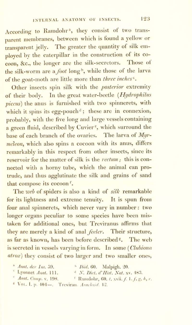 Accorcliiw to Raindolu *, they consist of two trans- parent membranes, between which is found a yellow or transparent jelly. The greater the (]uantity ot silk em- ployed by the caterpillar in the construction of its co- coon, &amp;c., the longer are the silk-sccretors. Those ol the silk-worm are a foot long*’, while those ol the larva of the goat-moth are little more than three iiiches’^. Other insects spin silk with the poaterwr extremity of their body. In the great water-beetle [Hpdrophilus piceus) the anus is iurnished with two sjiinnerets, with which it spins its egg-iK)uch^; these are in connexion, probably, with the five long and large vessels containing a green fluid, described by Cuvier‘S, which surround the base of each branch of the ovaries. The larva of Mijr- jtieleon, which also spins a cocoon with its anus, differs remarkably in this I’espect from other insects, since its reservoir for the matter of silk is the rectum; this is con- nected with a horny tube, which the animal can pro- trude, and thus agglutinate the silk and grains of sand that compose its cocoon b The xveh of spiders is also a kind of silk remarkable for its lightness and extreme tenuity. It is spun from four anal spinnerets, which never vary in number: two longer organs peculiar to some species have been mis- taken for additional ones, but Treviranus affirms that they are merely a kind of anal feeler. Their structure, as far as known, has been before described s. The web is secreted in vessels varying in form. In some [Cluhioun atrox) they consist of two larger and two smaller ones, “ Anal. (Icr [ns. .')9. '' I/)i(l. (50. .Malpigli. :i0. *■ byonnet Anal. 111. ■' A*. Did. tl'IIisl. yat. .w. 1M.“&gt;. Anal. ( onij). v. 1!(!S. ' Itaiiulolir, (10. /. xvii. /'. \ ti, r. * \ Ol,. 1. |). lot—. rrcviraii .Srailnvd. 12.
