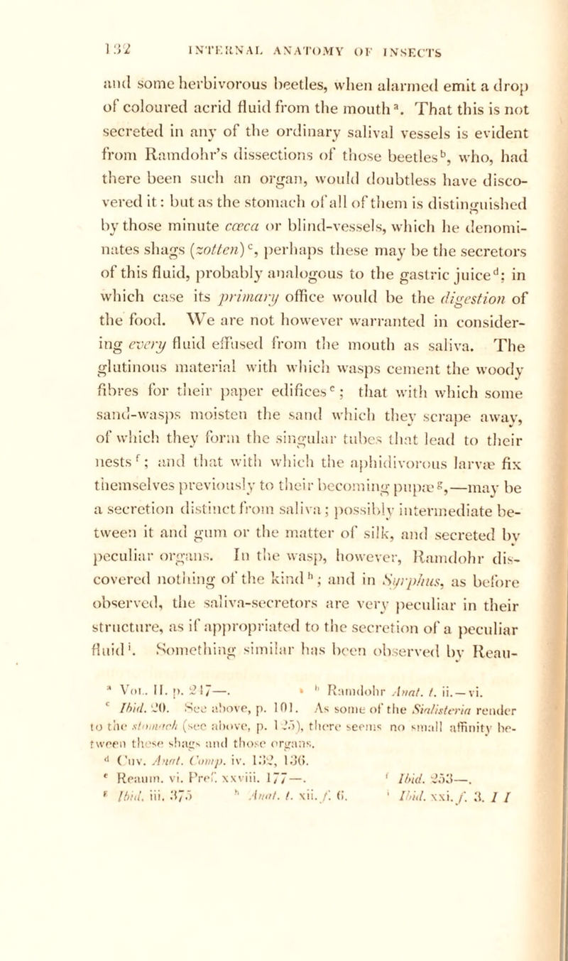 iiiul some herbivorous beetles, when alarmed emit a drop of coloured acrid fluid from the mouth ^ That this is not secreted in any of the ordinary salival vessels is evident from Ramdohr’s dissections of those beetleswho, had there been such an organ, would doubtless have disco- vered it: but as the stomach of all of them is distinguished by those minute cceca or blind-vessels, which he denomi- nates shags {zotlcn)'^, })erhaps these may be the secretors of this fluid, probably analogous to the gastric juicein which case its primary office would be the digesfioJi of the food. We are not however warranted in consider- ing ezkvj/ fluid effiised from the mouth as saliva. The glutinous material with which wasps cement the woody fibres for their )&gt;aper edifices'; that with which some sand-wasps moisten the sand which they scrape awav, of wdiich they form the singular tubes that lead to their nests*'; and that with which the aphidivorous larvie fix tiiemselves previously to their becoming pupieS,—may be a secretion distinct from saliva; jiossiblv inteianediate be- tween it and gum or the matter of silk, and secreted bv jieculiar organs. In the wasj), however, Ranulohr dis- covered notiling of the kind*'; and in Syrp/ius, as before observed, the saliva-secretors are very peculiar in their structure, as if apiiropriated to the secretion of a peculiar fluid'. Something similar has been observed bv Reau- “ Voi.. il. |). :2!7—• • '' Raindolir .lunf. (. ii. —vi. Ihid, 'JO. Sec aliovP, p. 101. As some ot the Si'iltstcria render to tile (see aliove, p. 1 fliere seems no small uffiniti’ he- fwepii th'‘s(&gt; sIkiks and those ('rj;a:is. Ciiv. Aunt. Comp. iv. llij, KJd. *■ Reatim. vi. RreT. xxviii. 177—■ * ll&gt;u/. diKi—. *' iii. .'17.') *' .Ifiol. t. xii. (i. ' xxi. d. 1 / h