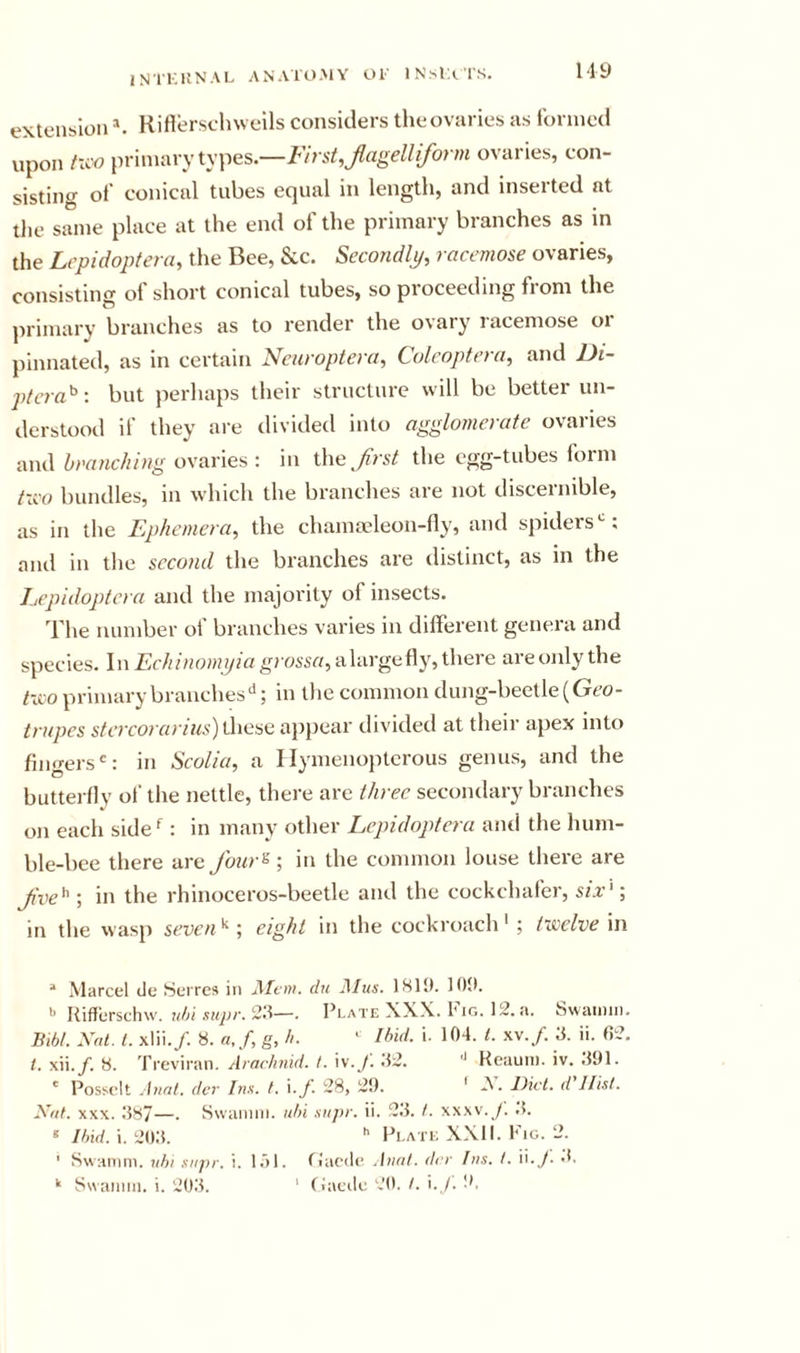 INTKKNAL AN.VTO.MY Ol' INslA l'S. My extension * •*. Ritterschweils considers theovaries as formed upon hco imniixry types.—First,Jagelliform ovaries, con- sisting of conical tubes equal in length, and inserted at the same place at the end of the primary branches as in the Lcpidoptera, the Bee, &amp;c. Secondly, racemose ovaries, consisting of short conical tubes, so proceeding from the primary branches as to render the ovary racemose or pinnated, as in certain Neuroptera, Culeoptera, and Di- jHera'^; but perhaps their structure will be better un- derstood if they are divided into agglomerate ovaries and branching ovaries : in the/rs/ the egg-tubes form t'ji'o bundles, in which the branches are not discernible, as in the Ephemera, the chanifeleon-fiy, and spiders and in the second the branches are distinct, as in the Lcpidoptera and the majority of insects. The number of branches varies in different genera and species. In Echinonujia grossa, alargefly, there areojily the txi o primary branches; in the common dung-beetle (Geo- trnpes sfercox arins) these ai)pear divided at their apex into fingers®: in Scolia, a Ilymenoptcrous genus, and the butterfly of the nettle, there are three secondary branches on each side^: in many other Lcpidoptera and the hum- ble-bee there are Jhur^; in the common louse there are Jive^ ; in the rhinoceros-beetle and the cockchafer, six'; in the wasp seven^eight in the cockrc)ach' ; twelve in * Marcel cle Serres in Mtm. du Ulus. 1811). 100. •* Riflerschw. .sKyjr. 2.8—. 1’late XXX. 1'lo. 12. a. Swaiiiin. Bibl. Xat. 1. xlii./. 8. «,/, g, h. - Ibid. i. 104. 1. w.f. 8. ii. 02. /. xii./. 8. Treviran. Arachnid. I. \\.f. .82, Keauni. iv. ,801. ' Posselt Anal, dvr Ins. t. \.f. 28, 29. ' *V. Did. d'llist. Xat. XXX. 887—• SwaiiMii. nbi siipr. ii. 28. /. xxxv.y. .1. « //arf. i. 208. '' Pi-ATi; XXII. Fig. 2. ' Swamm. tdii siij&gt;r. i. 1.81. rjaede .hint, dcr Ins. I. r.J. •!.