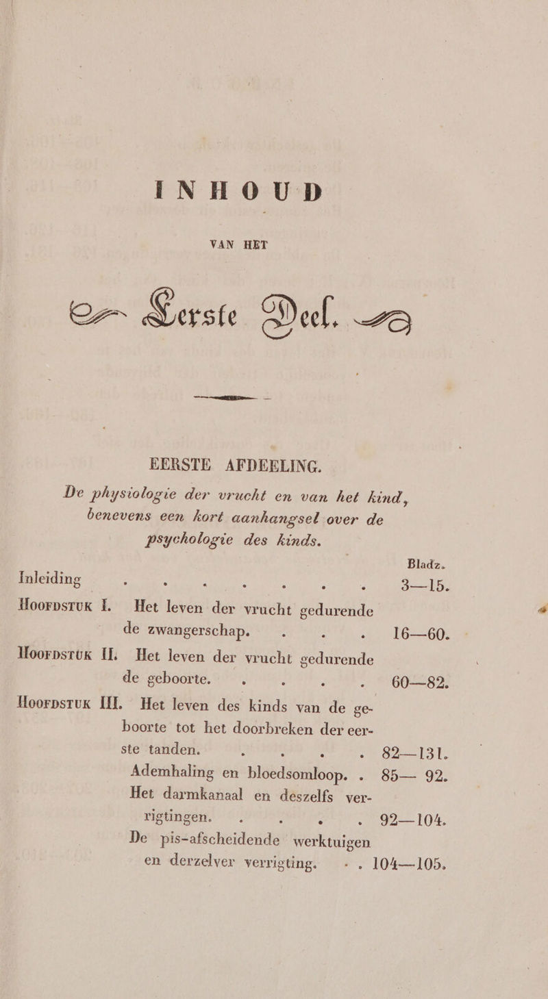 INHOUD VAN HET Og erste Deel, SE | EERSTE AFDEELING. De physiologie der vrucht en van het kind, benevens een kort aanhangsel over de psychologie des kinds. Inleiding 4 ' s À ; À 8 3—15. HoorpsruK L. Het leven der vrucht gedurende de zwangerschap. À .__16—60. Hoorpsruk IL. Het leven der vrucht gedurende de geboorte. : : „ _60—82. HoorpsruK INL. Het leven des kinds van de ge- boorte tot het doorbreken der eer- ste tanden. Ë ; 5 . 82-131. Ademhaling en bloedsomloop. . 85— 92. Het darmkanaal en deszelfs ver- rigüngen. à ° .… 92104. De pis-afscheidende werktuigen en derzelver verrigting. -. 104—105.