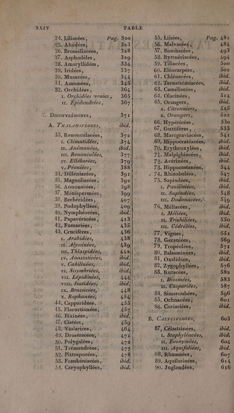 24, Liliacées, 25, Aloïdées, 26. Broméliacées, 27. Asphodèles, 29. Iridees, 30. Musacées, 31. Amomées, 32. Orchidées, ir. Épidendrées, 33. Renonculacées, - 1. Clématidées, 11. Anémonées, ri. Renonculées, 1v. Elléborées, v. Péoniées ; 34. Dilléniacées, 39, Magnoliacées, 36. Annonacéés, 37, Ménispermées, 38. Berbéridées, 39. Podophyllées, 40. Nymphéacées, 41. Papavéracées , 42, Fumariéés , : 43. Crucifères , | 1. Arabidées, it. Alyssinées, 1x. T'hlaspidées, v. Cakilinées; vi. Sisymbriées, . vit. Lépidinées, virr. Jsatidées) . 1x, Brassicées, x. Raphanées, 44. Capparidées , 46. Bixinées, 17: Gistées, 48. Wiolariées ;: 49. Droséracées;, ! 50. Polygalées; 51. Trémandreées, . 52. Pittosporées, . 53. Frankéniacées, 54. Caryophyllées, 323 328 329 334 337 344 345. 364 365 367 377 ibid. 372! ibid. 377! 388! 397! 398! 55. Linées, | 57. Bombacées, 58. Bytinériacées, 59. Tiliacées, 60. Eléocarpées, 63. Caméliacées, 64. Olacinées, 65. Orangers, A. Citronniers, B. Orangers, 66. Hypéricées , 67. Guttifères, 68. Marcgraviacées, 70. Erythroxylées, 71. Malpighiacées, 72. Acérinées, 73: Hippocastanées, : 75. Sapindéesy®: 1. Paullimiées, 11. Sapindées, 76. Méliacées, 1. Méliées, 1. Trichiliées,. 1. Cédrélées, 77. Vignes, 78. Géraniées,, . 79. Tropéolées, 80. Balsaminées, 81, Oxalidées, 82, Zygophyllées, I. Diosmées, pe ‘‘#r QCuspariées, 84, Simaroubées, . 85. Ochnacéés, 56. Coriariées, 87, ar pr EH L. Staphyléacées, it. Evonymées, rx. Aquifoliées, 88. Rhamnées, 89, Aquilarinées, 90. Juglandées; : Y 484 493 494 500 502 tbid. 1bid. ibid, 514 ibid. 522 530