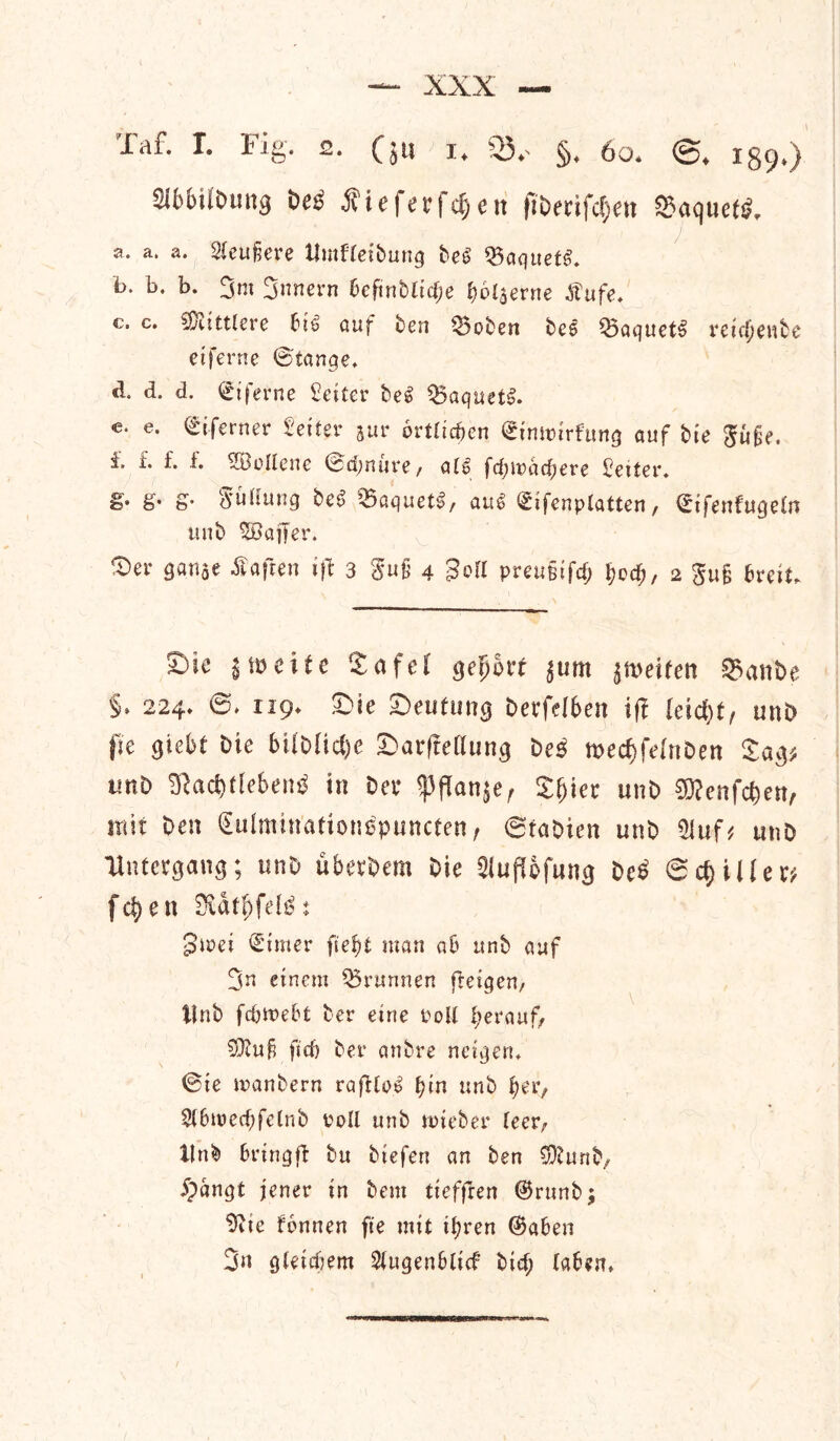 Taf. I. Fig. 2. Cj» i. 53.' §. 60. 189,) 2ibbilbung be£ jvieferfcpeit fiberifcpett $$aque(*>. a. a. a. Sleufere Umfletbung beg $aquetg. b. b. b. 3m 3nnern 6cftnbltcfce Bclaerne $ufe. c. c. SSuttlere big auf ben Q5oben beg Q5aquetg retcl)enbe etferne ©tange. d. d. d. Etferne Setter beg Q5aquetg. e e- ^ifei’ner Setter j«r ortltcBen ©tmptrfung auf bte $u^e, i. i. f. f. SBoIlenc ©ct;nure/ alg fdjtpacfjere Setter. £>• S* S'* &uhttng beg ^aquetg, aug Stfenplatten / ©tfenfugeln tmb SBajfer. ^)er ganae Safren if! 3 gujj 4 golt preumfd; j?cd;, 2 gu§ 6reit, 2>ie | to cite Sctfei geiport $um jtoeiteit S5anbe §. 224. 119. £>ie Seutung berfelben i|i ieicpt, unb fie gicbf bie M!t>!ic!)c SarfteHung be$ toecpfeinben tmb SJacpfiebeng in bee <pflanjer Spier unb SOicnfcpen, ntit ben Sulmtnationopuncfen, Stabien unb 2luf? utiD Untergang; unb uberbem bie Siuftofung be£ Sep tiler? fcp> e n Matpfelg; Stoet £'tmer fietyt man aB unb auf 3n etnctu Q3runnen ftetgen, ilnb fdjmeBt ber etne Poll I>erauf/ 5Dtu§ fid) ber anbre netgen. ©te manbern rajUog fyin unb fyer, SlBioecBfelnb Poll unb tpteber leer^ Unb Brings bu btefen an ben $?unb, 5pangt jener tn bent tteffren ©rttnb; $ite fonnen fie mtt tfyren ©aBen 3« gletd^em StugenBltcf btef; laBen,