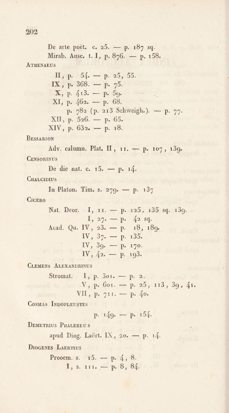 \ De arte poet. c. 25, — p. 187 sq. Mirab. Ause. t. I, p, 876. — p. i58. Athenaeus II, p. 54» — p- 25, 55. IX, p. 368. — p. 75. X, p. 4I3. — p* 5y. XI, p. 462. — p. 68. p. 782 (p. 2i3 Scliweigb.). — p. 77. XII, p. 526. — p. 65. XIV, p. 632. — p. 18. Bessarion Ady. calumn. Piat. II, 11. — p. 107, i3q. Censorinus De die nat. c. i5. ■—- p. i4* Ciialcidius In Platon. Tim. s. 279. — p. 137 Cicero Nat. Deor. I, 11. — p. 125, i35 sq. i3y. I, 27. — p. 42 sq. Acad. Qu, IV, 23. —- p. 18, 189. IV, 87. —- p. i35» IV, 3g. — p. 170. IV, 4— P- x93* Clemens Alexandrinus Stromat. I, p. 3oi. — p. 2. V, p. 601. — p. 25, 113, 39, 41. vii, p. 711. — p. 4°. CosmAs Indopleustes p. 149» ■— P* Demetrius Phalereus apud Diog. Laert. IX, 20. —- p. i4- Diogenes Laertius Prooem. s. i5. ■— p. 4? 8. I, s. ni. — p. 8, 84.