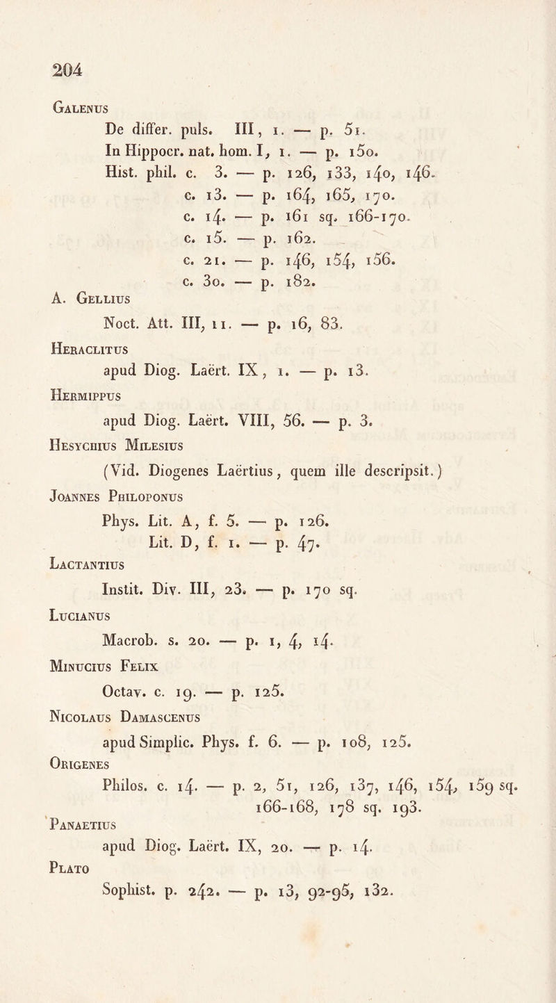 Galenus De differ, puls. III, i. — p. 5i. In Hippocr. nat. hom. I, i. *— p. i5o. Hist. phil. c. 3. >— p. 126, i33, 146. c. i3. — p. 164, i65, 170. c. 14. •— p. 161 sq. 166-170. c. i5. — p. 162. c. 21. — p. 146, 154? i56. c. 3o. — p. 182. A. Gellius Noct. Alt. III, 11. — p. 16, 83. Heraclitus apud Diog. Laert. IX, 1. — p. i3. Hermippus apud Diog. Laert. VIII, 56. — p. 3. Hesyciiius Milesius (Vid. Diogenes Laertius, quem ille descripsit.) Joannes Philoponus Phys. Lit. A, f. 5. — p. 126. Lit. D, f. 1. — p. 47* Lactantius Instit. Div. III, 23. —■ p. 170 sq. Lucianus Macrob. s. 20. — p. 1, 4; *4* Minucius Felix Octay. c. 19. — p. 125. Nicolaus Damascenus apud Simplic. Phys. f. 6. — p. 108, 126. Origenes Philos. c. 14. — p. 1, 5t, 126, 137, 146, i54; i59 sq. 166-168, 178 sq. 193. Panaetius apud Diog. Laert. IX, 20. — p. i4- Plato Sophist. p. 242. — p. i3, 92-95, i32.