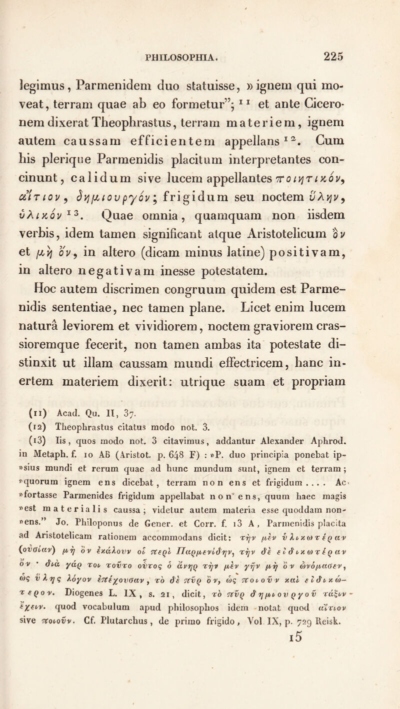 legimus, Parmenidem duo statuisse, »ignem qui mo- veat, terram quae ab eo formetur”; 11 et ante Cicero- nem dixerat Theophrastus, terram materiem, ignem autem caussam efficientem appellans ia. Cum his plerique Parmenidis placitum interpretantes con- cinunt, calidum sive lucem appellantes ?roivjtncov, uiTiov 9 dtjfitov py6v $ frigidum seu noctem vX vjv, vXikqv13. Quae omnia, quamquam non iisdem verbis, idem tamen significant atque Aristotelicum ov et fj,yj ov, in altero (dicam minus latine) positivam, in altero negativam inesse potestatem. Hoc autem discrimen congruum quidem est Parme- nidis sententiae, nec tamen plane. Licet enim lucem natura leviorem et vividiorem, noctem graviorem cras- sioremque fecerit, non tamen ambas ita potestate di- stinxit ut illam caussam mundi effectricem, hanc in- ertem materiem dixerit: utrique suam et propriam (11) Acacl. Qu. II, 37. (12) Theophrastus citatus modo not. 3. (13) Iis, quos modo not. 3 citavimus, addantur Alexander Aphrod. in Metaph. f. 10 AB (Aristot. p. 648 F) : «P. duo principia ponebat ip- »sius mundi et rerum quae ad hunc mundum sunt, ignem et terram; equorum ignem ens dicebat, terram non ens et frigidum.... Ac< «fortasse Parmenides frigidum appellabat non ens, quum haec magis «est materialis caussa; videtur autem materia esse quoddam non- «ens.” Jo. Philoponus de Gener, et Corr. f. i3 A, Parmenidis placita ad Aristotelicam rationem accommodans dicit: rijv (jbev v Xmo) x e q av (orcnar) ^17 ov ixdXovv oZ IJaQ/.veridTjv^ r ijv de e Zdi>X(aTe q av ov ' dux, y&Q roi, rovro ovroq 6 cZvtjq ttjv /juey yrjv 0 ■v c5ro /,vad e v, wq vXyq Xoyov eTteyovOav , ro de 7tvQ bv, coq rtooovv xal eldi-xa)- TfQov. Diogenes L. IX, s. 21, dicit, ro itvq dvjiAbov gyo v rdqw eyew. quod vocabulum apud philosophos idem notat quod aXriov sive Ttobovv. Cf. Plutarchus, de primo frigido, Vol IX, p. 729 Ileisk. i5