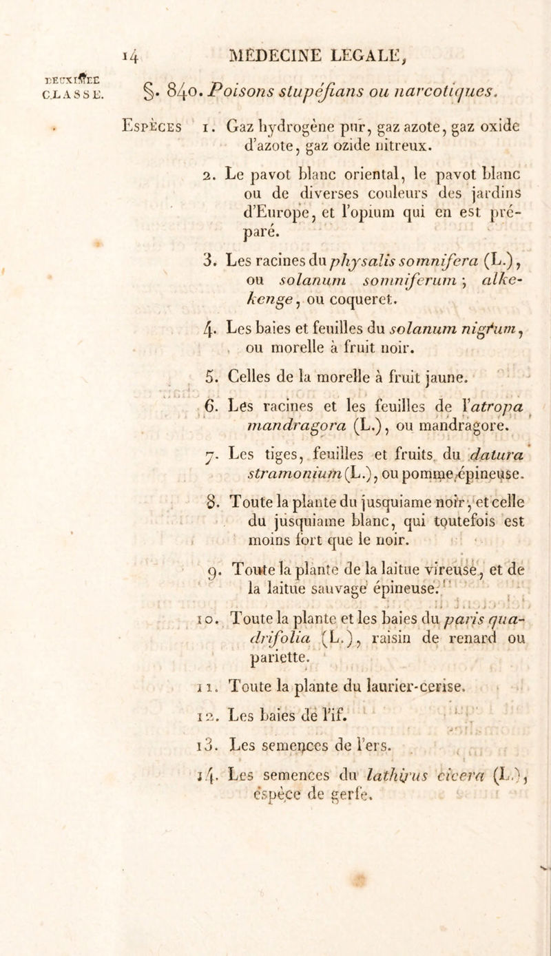 EEEXIGEE CLASSE. 14 MÉDECINE LEGALE, §. 840. Poisons stupéjians ou narcotiques. Espèces i . Gaz hydrogène pur, gaz azote, gaz oxide d’azote, gaz ozide nitreux. 2. Le pavot blanc oriental, le pavot blanc ou de diverses couleurs des jardins d’Europe, et l’opium qui en est pré- paré. 3. Les racines du phy salis somnifera (L.), ou solarium somniferum \ alke- kcnge, ou coqueret. 4. Les baies et feuilles du solarium nigj'um^ ou morelle à fruit noir. 5. Celles de la morelle à fruit jaune. » 6. Les racines et les feuilles de Yatropa i , * f mandragora (L.), ou mandragore. 7. Les tiges, feuilles et fruits du datura stramonium (L.), ou pomme-épineuse. 8. Toute la plante du jusquiame noir , et celle du jusquiame blanc, qui toutefois est moins fort que le noir. 9. Toute la plante de la laitue vireuse, et de la laitue sauvage épineuse. / t $ j < t > j > • 10. Toute la plante et les baies du paris qua-' drifolia (L..), raisin de renard ou pariette. i 1. Toute la plante du laurier-cerise. 12. Les baies de l’if. * j * ' f . 13. Les semepces de l’ers. s 1 i t j4. Les semences du lathij'us citera (L,), espèce de gerfe.