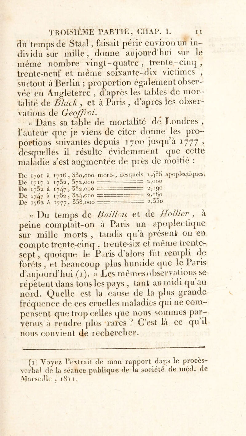du temps de Staal, faisait périr environ un in- dividu sur mille, donne aujourd’hui sur le même nombre vingt-quatre, trente-cinq , trente-neuf et même soixante-dix victimes , surtout à Berlin ; proportion également obser- vée en Angleterre , d’après les tables de mor- talité de Black y et à Paris , d’après les obser- vations de Geoffroi. « Dans sa table de mortalité de Londres , l’auteur que je viens de citer donne les pro- portions suivantes depuis 1700 jusqu’à 1777 , desquelles il résulte évidemment que cette maladie s’est augmentée de près de moitié : De 1701 à 1716,330,000 morts, desquels 1,486 apoplectiques. De 1717 à 1732, 372,000 1 2,000 De 1732 ii 1747 ? 382,000 ~ ==—— 2,190 De 1747 à 1762, 324,000 2,180 De 1762 à 1777, 338,ooo — =——— 2,35o « Du temps de Bâillon et de Hollier , à peine comptait-on à Paris un apoplectique sur mille morts , tandis qu’à présent on en compte trente-cinq , trente-six et même trente- sept , quoique le Paris d’alors fût rempli de forêts , et beaucoup plus humide que le Paris d’aujourd’hui (i). » Les mêmes observations se répètent dans tous les pays , tant au midi qu au nord. Quelle est la cause de la plus grande fréquence de ces cruelles maladies qui ne com- pensent que trop celles que nous sommes par- venus à rendre plus rares ? C’est là ce qu il nous convient de rechercher. (i) Voyez l’extrait cle mon rapport dans le procès- verbal de la séance publique de la société de méd. de Marseille , 1811.