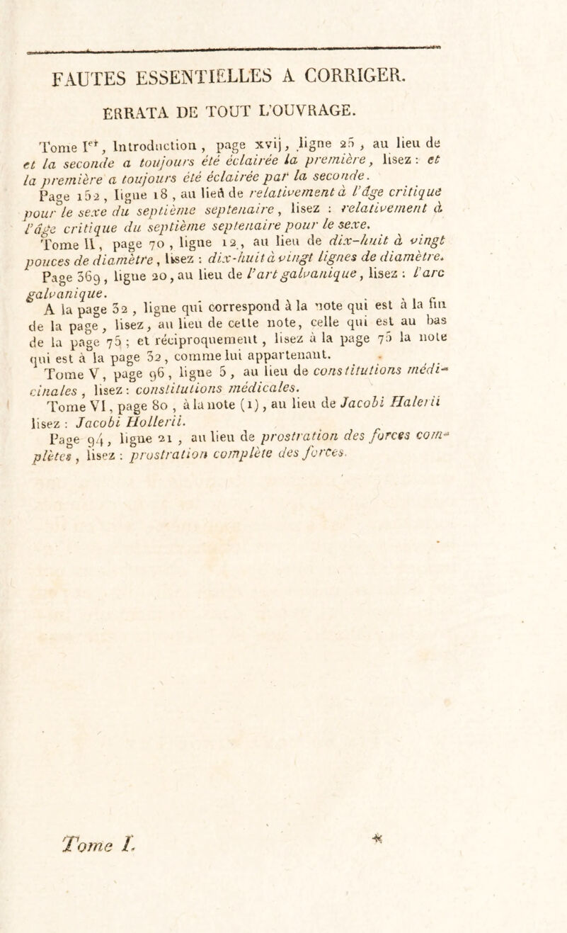 J* FAUTES ESSENTIELLES A CORRIGER. ERRATA DE TOUT L’OUVRAGE. Tome T*, Introduction , page xvij, ,ligne 20 , au lieu de et la seconde ci toujours été éclairée la pi cmicr e y lisez: et la première a toujours été éclairée par la seconde. pa0e i5ü , ligue 18 , au lie A de relativement à l’âge critique pour le sexe du septième septénaire, lisez : relativement à Pâije critique du septième septénaire pour le sexe. Tome 11, page 70 , ligne 12., au lieu de dix-huit à vingt pouces de diamètre , Ifcsez • dix-huit a vingt lignes de diameti e* Page 069, ligue 20, au lieu de l’art galvanique, lisez : l'arc galvanique. . A la page 32 , ligne qui correspond à la note qui est a la hn de la page , lisez, au lieu de cette note, celle qui est au bas de la page 76 ; et réciproquement, lisez à la page 7:) la note qui est à la page 32, comme lui appartenant. Tome V, page 96, ligue 5, au lieu de constitutions médi- cinales 1 lisez : constitutions médicales. Tome VI, page 80 , à la note (1), au lieu de Jacobi flalerii lisez : Jacobi Hollerii. Page 94, ligne 21 , au lieu de prostration des forces corn- plètcs , lisez: prostration complète des forces, Tome L M