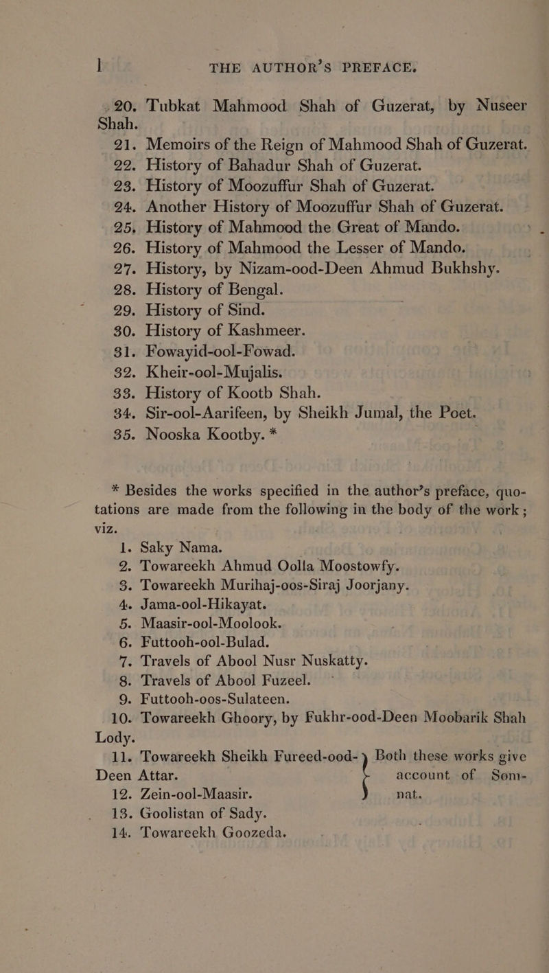 .20. Tubkat Mahmood Shah of Guzerat, by Nuseer 21. Memoirs of the Reign of Mahmood Shah of Guzerat. 22. History of Bahadur Shah of Guzerat. 23. History of Moozuffur Shah of Guzerat. 24. Another History of Moozuffur Shah of Guzerat. History of Mahmood the Great of Mando. 26. History of Mahmood the Lesser of Mando. 27. History, by Nizam-ood-Deen Ahmud Bukhshy. 28. History of Bengal. 29. History of Sind. 30. History of Kashmeer. 31. Fowayid-ool-Fowad. 32. Kheir-ool-Maujalis. 33. History of Kootb Shah. 34. Sir-ool-Aarifeen, by Sheikh Jumal, the Poet. 35. Nooska Kootby. * bo ce * Besides the works specified in the author’s preface, quo- tations are made from the following in the body of the work; viz. ۱ ۰. Saky Nama. ۱ . Towareekh Ahmud و00۱۵‎ ۰ . Towareekh Murihaj-oos-Siraj Joorjany. . Jama-ool-Hikayat. Maasir-ool-Moolook. . Futtooh-ool-Bulad. . Travels of Abool Nusr Nuskatty. . Travels of Abool ۰ . Futtooh-oos-Sulateen. 10. Towareekh Ghoory, by Fukhr-ood-Deen Moobarik Shah ONE‏ جر ي و ۲- مه ص 12. Zein-ool-Maasir. nat. 13. Goolistan of Sady. 14. Towareekh Goozeda.