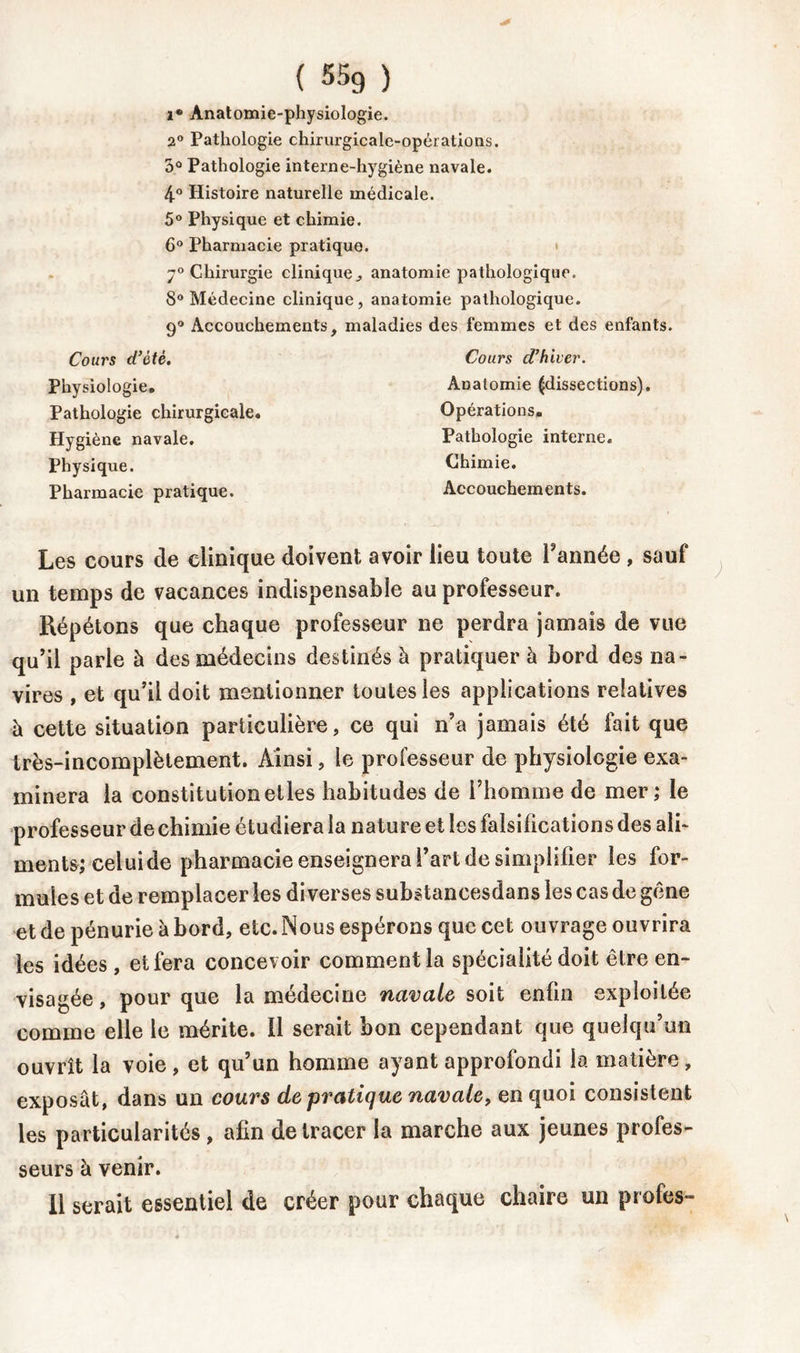 ( 55g ) i* Anatomie-physiologie. 2° Pathologie chirurgicale-opérations. 3° Pathologie interne-hygiène navale. 4° Histoire naturelle médicale. 5° Physique et chimie. 6° Pharmacie pratique. « 7° Chirurgie clinique, anatomie pathologique. 8° Médecine clinique, anatomie pathologique. 9° Accouchements, maladies des femmes et des enfants. Cours d’ètè. Cours d’hiver. Physiologie, Anatomie ^dissections). Pathologie chirurgicale. Opérations. Hygiène navale. Pathologie interne. Physique. Chimie. Pharmacie pratique. Accouchements. Les cours de clinique doivent avoir lieu toute Tannée , sauf un temps de vacances indispensable au professeur. Répétons que chaque professeur ne perdra jamais de vue qu’il parle à des médecins destinés à pratiquer à bord des na- vires , et qu’il doit mentionner toutes les applications relatives à cette situation particulière, ce qui n’a jamais été fait que très-incomplètement. Ainsi, le professeur de physiologie exa- minera la constitution elles habitudes de l’homme de mer; le professeur de chimie étudiera la nature et les falsifications des ali- ments; celuide pharmacie enseignera l’art de simplifier les for- mules et de remplacer les diverses substancesdans les cas de gêne et de pénurie abord, etc. Nous espérons que cet ouvrage ouvrira les idées, et fera concevoir comment la spécialité doit être en- visagée , pour que la médecine navale soit enfin exploitée comme elle le mérite. 11 serait bon cependant que quelqu’un ouvrît la voie, et qu’un homme ayant approfondi la matière, exposât, dans un cours de pratique navale, en quoi consistent les particularités , afin de tracer la marche aux jeunes profes- seurs à venir. 11 serait essentiel de créer pour chaque chaire un proies»