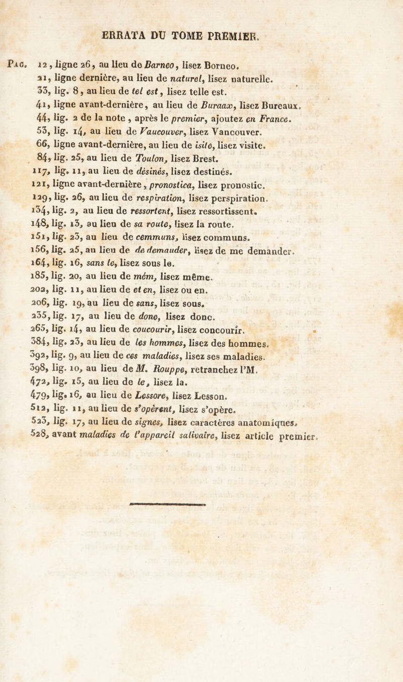 Pag» 12 , ligne 26, au lieu deParneo, lisez Bornéo. 31, ligne dernière, au lieu de naturel, lisez naturelle. 33, lig. 8, au lieu de tel est, lisez telle est. 4i> ligne avant-dernière, au lieu de Buraax, lisez Bureaux» 44, lig. 2 de la note , après le premier, ajoutez en France. 53, lig. 14, au lieu de Vaucouver, lisez Vancouver. 66, ligne avant-dernière, au lieu de m/ô, lisez visite. 84, lig. 25, au lieu de Toulon, lisez Brest. ll7» Hg* 11, au lieu de dêsinés, lisez destinés. 121, ligne avant-dernière, pronostica, lisez pronostic. 139» lig* 3^> au lieu de respiration, lisez perspiration. 1^4, lig. 2, au lieu de ressortent, lisez ressortissent. i48, lig. i3, au lieu de sa route, lisez la route. i5i,lig. 23, au lieu de cemmuns, lisez communs. i56, lig. a5, au lieu de de demauder, lisez de me demander» 164, lig. 16, sans le, lisez sous le. i85, lig. ao, au lieu de mem, lisez même. 203, lig. 11, au lieu de et en, lisez ou en. 206, lig. 19, au lieu de sans, lisez sous. a35, lig. 17, au lieu de done, lisez donc. 265, lig. 14, au lieu de coucourir, lisez concourir. » 384, lig» s3, au lieu de les hommes, lisez des hommes. ^92, lig* 9j au lieu de ces maladies, lisez ses maladies. üg* 10> au üeu de AT. Houppe, retranchez PM. 4j3* lig» au lieu de le, lisez la. 479» lig» *6, au lieu de Lessore, lisez Lesson. 5ia, lig. 11, au lieu de s’opèrent, lisez s’opère. 5a3, lig. 17, au lieu de signes, lisez caractères anatomiques* *28, avant maladies de l’appareil salivaire, lisez article premier» B*