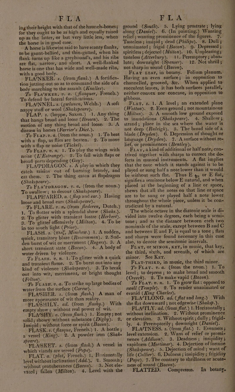 ing their height with that of the haunch-bones; for they ought to be as high and equally raised up as the latter, or but very little less, when the horse is in good case. A horse is likewise said to have scanty flanks, to be gaunt-bellied, and thin-gutted, when his flank turns up like a greyhound’s, and his ribs are flat, narrow, and short. A well-flanked horse is one that has wide and well-made ribs, with a good bedy. FLA/’NKER. s. (from flank.) A fortifica- tion jutting-out so as to command the side ofa body marching to the assault, (Xnolles). To FvA‘NKER. v. a. (flanguer, French.) To defend by lateral fortifications. | FLA'NNEL. s. (gwlanen, Welsh.) A soft nappy stuff or wool (Shakspeare). FLAP. s. (leppe, Saxon.) .1. Any thing that hangs broad and loose (Brown). 2. The motion of any thing broad and loose. 3. A disease in horses (Farrier’s Dict.). To Fiap.v.a. (from the noun.) 1. 'To beat with a flap, as flies are beaten. 2. To move with a flap or noise (Tickel). To Fuap.v. n. 1. To play the wings with noise (L’Estrange). 2. To fall with flaps or broad parts depending (Gay). FLA'PDRAGON. s. A playin which they Gatch raisins out of burning brandy, and eat them. 2. The thing eaten at flapdragon (Shakspeare). To FLA’‘PDRAGON. v. @, (from the noun.) To swallow; to devour (Shakspeare). FLAPE/ARED. a. (flap and ear.) Having loose and broad ears (Shakspeare). To FLARE. v. n. (from jflederen, Dutch.) 1. To flutter with a splendid show (Shaks.). 2. To glitter with transient lustre (Herbert). 3. To glitter offensively (Milton). 4. To be in too much light (Prior). FLASH. s. (¢%0%, Minshew.) 1. A sudden, quick, transitory blaze (Roscommon). 2. Sud- den burst of wit or merriment (Rogers). 3. A short transient state (Bacon). 4. A body of water driven by violence. To Fiasu. v. n. 1. To glitter with a quick and transient fame. 2. To burst out into any kind of violence (Shakspeare). 3. 'To break out into wit, merriment, or bright thought (Felton). To Fuasu. v. a. To strike up large bodies of water from the surface (Carew). FLA'SHER. s. (from flash.) A man of more appearance of wit than reality. FLAISHILY. ad. (from flashy.) With empty show ; without real power of wit. FLA/SHY: a. (from flash.) 1. Empty; not solid; showy without substance (Digby). 2. Insipid ; without force or spirit (Bacon). FLASK. s. (flasque, French.) 1. A bottle ; a vessel (King). 2. A powder iron (Shak- speare). ‘ FLA‘SKET. s. (from flask.) A vessel in which viands are served (Pope). | FLAT. a. (plat; French.) 1. Horizontally level without inclination (Add.). without protuberances (Bacon). 3. Not ele- vated; fallen (Milton). 4. Level with the ground (South). 5. Lying prostrate; lying along’ (Daniel). 6. (In painting.) Wanting relief ; wanting prominence of the figures. 7. Tasteless ; insipid; dead (Pailips). 8. Dull; unanimated; frigid (Bacon). 9. Depressed ; spiritless ; dejected (Milton). 10. Unpleasing; tasteless (Atterbury). 11. Peremptory ; abso- lute; downright (Spenser). 12. Notsshrill; not sharpin sound (Bacon), . Fiat wear, in botany. Folium planum. Having an even surface; in opposition to channelled, grooved, &amp;c. When applied to succulent leaves, it has both surfaces parallel, neither convex nor concave, in opposition to gibbous, Frat. s. 1. A level; an extended plane (Wotton). 2. Even ground ; not mountainous (Millen). 3. A smooth low ground exposed to inundations (Shakspeare). 4. Shallow; strand; place in the sea where the water is not deep (Raleigh). 5. The broad side of a blade (Dryden). 6. Depression of thought or language (Dryden). 7. A surface without re lief, or prominences ( Beniley). Friar, a kind of additional or half note, con- trived together with sharps to correct the des fects in musical instruments. A flat implies that the note which it stands against is to be played or sung half a note lower than it would be without such flat. Thus E 4, or E flat, - signifies a semitone below E natural, and when placed at the beginning of a line or space,. shews that all the notes on that line or space are to be sung or played half a note lower throughout the whole piece, unless it be con tradicted by a natural. ‘ The whole octave in the diatonic scale is di- vided into twelve degrees, each being a semi-. tone; and as the distance between each two nominals of the scale, except between B and C and between E and F, is equal to a tone ; flats and sharps were found necessary in this case also, to denote the semitonic intervals. FLAT, Or MINOR, KEY, in music, that key, the third, sixth, and seventh, of which are, minor. See Key. ; FLAT-THIRD, in music, the third minor. To Fuat. v. a. (from the noun.) 1. To Jevel; to depress ; to make broad and smooth (Creech). 2.'To make vapid (Bacon). To Fiat. v. n. 1. To grow flat : opposed to swell (Temple). 2.'To render unanimated or evanid (King Charles). . FLA/TLONG. ad. (flat and long.) With the flat downward ; not edgewise (Shaksp.). FLAI!TLY. ad. (from flat.) 1. Horizontally ; without inclination. 2. Without prominence or elevation. 3. Withoutspirit ; dully ; frigid- ly. 4. Peremptorily ; downright (Daniel). — FLA/TNESS. s. (from flat.) 1. Evenness 5 level extension. 2. Want of relief or promi- nence (Addison). 3. Deadness ; insipidity 5 vapidness (Mortimer). 4. Dejection of fortune (Shakspeare). 5. Dejection of mind ; want of. life (Collier). 6. Dulness ; insipidity ; frigidity - (Pope). 7. The contrary to shrillness or acute- ness of sound (Bacon). FLATTED. Compressus. In botany.