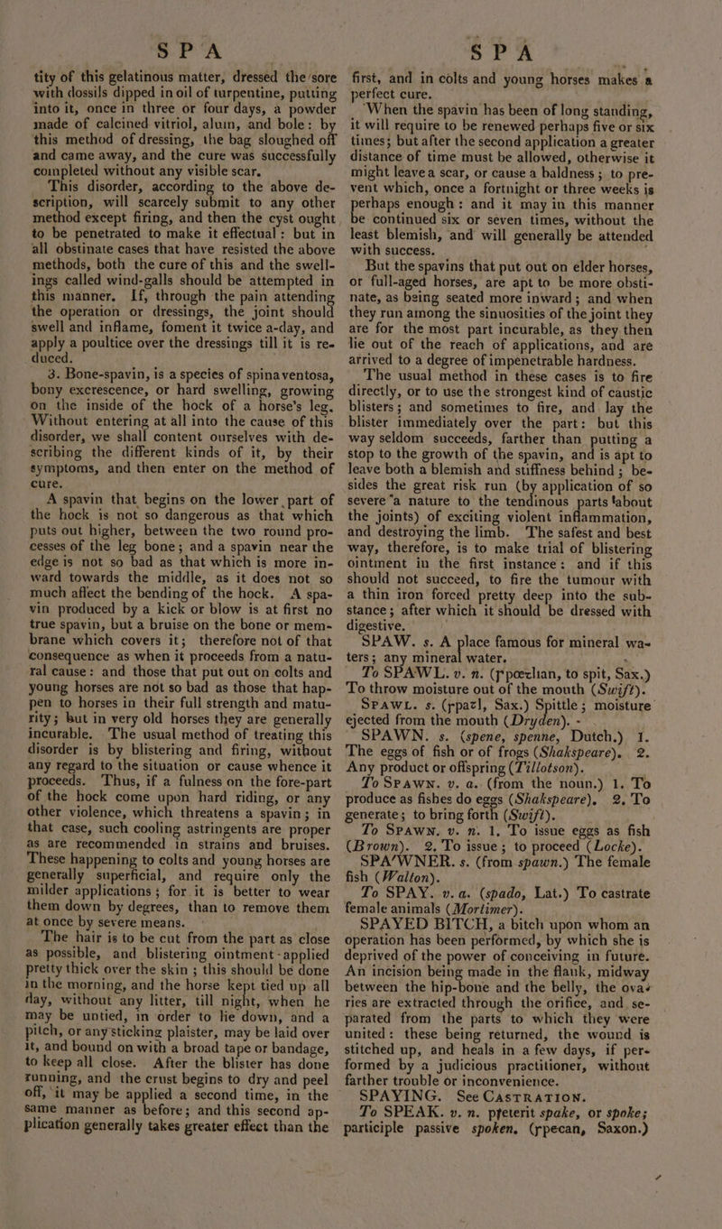 tity of this gelatinous matter, dressed the sore with dossils dipped in oil of turpentine, putting into it, once in three or four days, a powder made of calcined vitriol, aluin, and bole: by this method of dressing, the bag sloughed off and came away, and the cure was successfully completed without any visible scar. This disorder, according to the above de- scription, will scarcely submit to any other to be penetrated to make it effectual: but in all obstinate cases that have resisted the above methods, both the cure of this and the swell- ings called wind-galls should be attempted in this manner. If, through the pain attending swell and inflame, foment it twice a-day, and apply a poultice over the dressings till it is ree duced. 3. Bone-spavin, is a species of spina ventosa, bony excrescence, or hard swelling, growing on the inside of the hock of a horse’s leg, Without entering at all into the cause of this disorder, we shall content ourselves with de- scribing the different kinds of it, by their symptoms, and then enter on the method of cure. A spavin that begins on the lower part of the hock is not so dangerous as that which puts out higher, between the two round pro- cesses of the leg bone; and a spavin near the edge is not so bad as that which is more in- ward towards the middle, as it does not so much affect the bending of the hock. A spa- vin produced by a kick or blow is at first no true spavin, but a bruise on the bone or mem- brane which covers it; therefore not of that consequence as when it proceeds from a natu- ral cause: and those that put out on colts and young horses are not so bad as those that hap- pen to horses in their full strength and matu- rity; but in very old horses they are generally incurable. The usual method of treating this disorder is by blistering and firing, without any regard to the situation or cause whence it proceeds. Thus, if a fulness on the fore-part of the hock come upon hard riding, or any other violence, which threatens a spavin ; in that case, such cooling astringents are proper as are recommended in strains and bruises. These happening to colts and young horses are generally superficial, and require only the milder applications ; for it is better to wear them down by degrees, than to remove them at once by severe means. The hair is to be cut from the part as close as possible, and blistering ointment - applied pretty thick over the skin ; this shoul: be done in the morning, and the horse kept tied up all day, without any litter, till night, when he may be untied, in order to lie down, and a pitch, or any sticking plaister, may be laid over it, and bound on with a broad tape or bandage, to keep all close. After the blister has done running, and the crust begins to dry and peel same manner as before; and this second ap- plication generally takes greater effect than the first, and in colts and perfect cure. ‘When the spavin has been of long standing, it will require to be renewed perhaps five or six times; but after the second application a greater distance of time must be allowed, otherwise it might leavea scar, or cause a baldness ;. to pre- vent which, once a fortnight or three weeks is sapien enough: and it may in this manner e continued six or seven times, without the least blemish, and will generally be attended with success. But the spavins that put out on elder horses, or full-aged horses, are apt to be more obsti- nate, as being seated more inward; and when are for the most part incurable, as they then lie out of the reach of applications, and are arrived to a degree of impenetrable hardness. The usual method in these cases is to fire directly, or to use the strongest kind of caustic blisters ; and sometimes to fire, and lay the blister immediately over the part: but this way seldom succeeds, farther than putting a stop to the growth of the spavin, and is apt to leave both a blemish and stiffness behind ; be- sides the great risk run (by application of so severe “a nature to the tendinous parts fabout the joints) of exciting violent inflammation, and destroying the limb. The safest and best way, therefore, is to make trial of blistering ointment in the first instance: and if this should not succeed, to fire the tumour with a thin iron forced pretty deep into the sub- stance; after which it should be dressed with digestive. ; SPAW. s. A place famous for mineral wa- ters; any erie oe 7 _ To SPAWL. v. n. (fpeeclian, to spit, Sax.) To throw moisture out of the mouth (Swift). SPAWL. s. (ppazl, Sax.) Pee moisture ejected from the mouth (Dryden). - SPAWN. s. (spene, spenne, Dutch.) 1. The eggs of fish or of frogs (Shakspeare). 2. Any product or offspring (Tillotson). To Spawn. v. a. (from the noun.) 1. To produce as fishes do eggs (Shakspeare), 2, 'To generate; to bring forth (Swift). To Spawn. v. n. 1, To issue eggs as fish (Brown). 2. 'To issue; to proceed (Locke). SPA/WNER. s. (from spawn.) The female fish (Walton). To SPAY. v. a. (spado, Lat.) To castrate female animals (Mortimer). SPAYED BITCH, a bitch upon whom an operation has been performed, by which she is deprived of the power of conceiving in future. An incision being made in the flank, midwa between the hip-bone and the belly, the ova ries are extracted through the orifice, and_ se- parated from the parts to which they were united: these being returned, the wound is stitched up, and heals in a few days, if per- formed by a judicious practitioner, without farther trouble or inconvenience. SPAYING. See CastraTION. To SPEAK. v. n. pfeterit spake, or spoke; participle passive spoken, (rpecan, Saxon.) young horses makes a