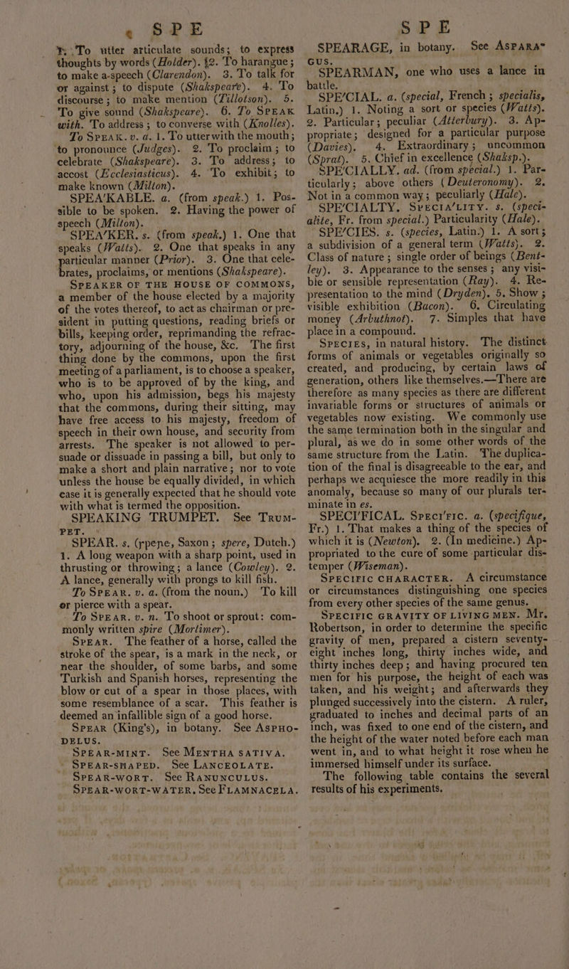 « SPE %: .To utter articulate sounds; to express thoughts by words (Holder). {2. ‘To harangue ; to make a-speech (Clarendon). 3. To talk for or against ; to dispute (Shakspeare). 4. To discourse ; to make mention (Z%lotson). 5. To give sound (Shakspeare). 6. To SPEAK with. To address ; to converse with (Knolles). To SPEAK. v. a. 1. To utter with the mouth; ‘to pronounce (Judges). 2. To proclaim ; to celebrate (Shakspeare). 3. To address; to accost (Ecclesiasticus). 4. To exhibit; to make known (Milion). SPEA‘/KABLE. a. (from speak.) 1. Pos- sible to be spoken. 2. Having the power of speech (Milton). yeigthh SPEA’KER. s. (from speak.) 1. One that speaks (Waits). 2. One that speaks in any particular manner (Prior). 3. One that cele- brates, proclaims, or mentions (Shakspeare). SPEAKER OF THE HOUSE OF COMMONS, a member of the house elected by a majority of the votes thereof, to act as chairman or pre- sident in putting questions, reading briefs or bills, keeping order, reprimanding the refrac- tory, adjourning of the house, &amp;c, The first thing done by the commons, upon the first meeting of a parliament, is to choose a speaker, who is to be approved of by the king, and who, upon his admission, begs his majesty that the commons, during their sitting, may have free access to his majesty, freedom of speech in their own house, and security from arrests. The speaker is not allowed to per- suade or dissuade in passing a bill, but only to make a short and plain narrative; nor to vote unless the house be equally divided, in which case it is generally expected that he should vote with what is termed the opposition. SPEAKING TRUMPET. See Trum- PET. SPEAR. s. (ppene, Saxon; spere, Dutch.) 1. A long weapon with a sharp point, used in thrusting or throwing; a lance (Cowley). 2. A lance, generally with prongs to kill fish. To Spear. v. a. (from the noun.) To kill er pierce with a spear. - To SeeaR. v. n. To shoot or sprout: com- monly written spire (Mortimer). Seear. The feather of a horse, called the stroke of the spear, is a mark in the neck, or near the shoulder, of some barbs, and some Turkish and Spanish horses, representing the blow or cut of a spear in those places, with some resemblance of a scar. This feather is deemed an infallible sign of a good horse. Spear (King’s), in botany. See AsPHo- DELUS. SPEAR-MINT. See MENTHA SATIVA. SPEAR-SHAPED. See LANCEOLATE. SPEAR-WORT. See RANUNCULUS. SPEAR-WORT-WATER, See FLAMNACELA. SPE SPEARAGE, in botany. See AsPara GUS. - SPEARMAN, one who uses a lance in battle. SPE/CIAL. a. (special, French ; specialis, Latin.) 1. Noting a sort or species (Watts). 2. Particular; peculiar (Atterbury). 3. Ap- propriate; designed for a particular purpose (Davies), 4. Extraordinary; uncommon (Sprat). 5. Chief in excellence (Shaksp.). SPE’CIALLY. ad. (from special.) 1. Par- ticularly; above others (Deuteronomy). 2. Not in a common way; peculiarly (Hale). _ SPECIALTY. Svecta/Lity. s. (spect- alite, Fr. from special.) Particularity (Hale). ~SPE/CIES. s. (species, Latin.) 1. A sorts a subdivision of a general term (Watts). 2. Class of nature ; single order of beings (Bené- ley), 3. Appearance to the senses ; any visi- ble or sensible representation (Ray). 4. Re- presentation to the mind (Dryden). 5, Show ; visible exhibition (Bacon). 6. Circulating money (Arbuthnot). 7. Simples that have place in a compound. Species, in natural history. The distinct. forms of animals or vegetables originally so created, and producing, by certain laws of generation, others like themselves.—There are therefore as many species as there are different invariable forms or structures of animals or vegetables now existing. We commonly use the same termination both in the singular and plural, as we do in some other words of the same structure from the Latin. The duplica- tion of the final is disagreeable to the ear, and perhaps we acquiesce the more readily in this anomaly, because so many of our plurals ter- . minate in es, SPECI/FICAL. Speci'Fic. a. (specifique, Fr.) 1. That makes a thing of the species of which it is (Newton), 2. fig medicine.) Ap- propriated to the cure of some particular dis- temper (Wiseman). . ; SPECIFIC CHARACTER. A circumstance or circumstances distinguishing one species from every other species of the same genus. _ SPECIFIC GRAVITY OF LIVING MEN. Mr, Robertson, in order to determine the specific gravity of men, prepared a cistern seventy- eight inches long, thirty inches wide, and thirty inches deep; and having procured ten men for his purpose, the height of each was taken, and his weight; and afterwards they plunged successively into the cistern. A ruler, graduated to inches and decimal parts of an inch, was fixed to one end of tlie cistern, and the height of the water noted before each man went in, and to what height it rose when he immersed himself under its surface. The following table contains the several results of his experiments.