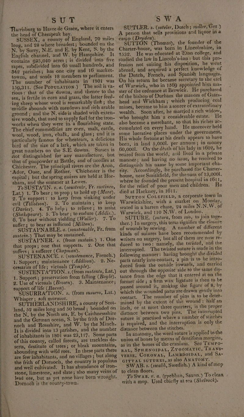 SUT Tlarrisburg to Havre de Grace, where it enters the head of Chesapeak bay. SUSSEX, a county of England, 70 miles long, and 28 where broadest; bounded on the N. by Surry, N-E. and E. by Kent, S. by the English channel, and W.. by Hampshire. It contains 935,040 acres ; is divided ‘into five rapes, subdivided into 65 small hundreds, and $42 parishes; has one city and 16 market- towns, and sends 18 members to parliament. “The number of ‘inhabitants in 1801 was 159,311. (See Poputation.) The soil is va- ‘rious: that of the downs, and thence to the sea, is fertile in corn and grass, the latter feed- ‘ing sheep whose wool is remarkably ‘finé; the «middle abounds with meadows and rich arable ground ; and the N. side is shaded with -exten- sive woods, that used to supply fuel for the iron- works when they were in a flourishing state. The chief commodities are corn, malt, cattle, wool, wood, iron, chalk, and glass ; and it is “particularly famous for wheatears, a delicious bird of the size of a lark, which are taken In great numbers on the S.E. downs. Sussex is not distinguished for any manufacture, but that of gunpowder at Battle, and of iieedles at Chichester. The principal rivers are the Arun, ‘Adur, Ouse, and Rother. ‘Chichester is the capital; but the spring assizes are held at Hor- sham, and the summer at Lewes. To SUSTAIN. v. a. (soustenir, Fr. sustineo, Lat.) 1. To bear; to prop; to hold up (More). 2.To support: to keep from sinking under evil (Tillotson). 3. To maintain; to keep (Davies). 4. ‘To help; to relieve; to assist (Shakspeare). 5. To bear; to endure (Addis.). 6. To bear without yielding (Waller). 7.'To suffers; to bear as inflicted (Milton). SUSTAINABLE. a. (soustenuble, Fr. from sustain.) That may be sustained. SUSTAINER: s. (from sustain.) 1. One that props; one that supports. 2. One that suffers; a sufferer (Chapman). SUSTENANCE. s. (soustenance, French.) 1. Support; maintenance (Addison). 2. Ne- cessaries of life; victuals (Temple). SUSTENTA’TION. s. (from sustento, Lat.) 1. Support; preservation from falling (Boyle). 2. Use of victuals (Brown). 3. Maintenance; support of life (Bacon). . ~ SUSURRA’TION. s. (from susurro, Lat.) Whisper ; soft murmur. SUTHERLANDSHIRE, a county of Scot- Jand, 52 miles long and 50 broad; bounded on the N. by the North sea, E. by Caithnessshire and the German ocean, S. by the frith of Dor- noch and Rossshire, and W. by the Minch. It is divided into 13 parishes, and the number of inhabitants in 1861 was 23,117. Some parts of this county, called forests, are trackless de- serts, destitute of trees; or bleak mountains, abounding with weld roes. In these parts there are few inhabitants, and no villages ; but along the frith of Dornoch, the country is populous and well cultivated. It has abundance of iron- stone, limestone, and slate; also many veins of Dornoch is the county-town. SWaA SU’TLER. s. (sofeler, Dutch ; sudler, Ger.} A person that sells provisions and liquor in a camp (Dryden). SUTTON (Thomas), the founder of the Charter-house, was born in Lincolnshire, in 4532. He was-educated at Eton college, and studied the law in Lincoln’s-inn: but ‘this pro- fession not suiting his disposition, he went abroad, and acquired a perfect knowledge of the Dutch, French, and Spanish languages. On his return he became secretary to the earl of Warwick, who in 1569 appointed him ma- ster of the ordnance at Berwick. He purchased of the bishop of Durham the manors of Gates- head and Wickham ; which producing’ coal mines, became to him asource of extraordinary wealth. Soon after, he marrjed a rich widow, who brought him a considerable estate. He also became a merchant, so that his riches ac- cumulated on every hand. He moreover held some lucrative places under the government. Eis whole fortune at his death appears to have been, in land 5,0001. per annum ; ‘in money 60,0001. ‘On the déath of his lady in }602, he ‘retired from the world, avd lived in-a private manner; and having no issue, he resolved to distinguish his name by some important -cha- rity. Accordingly, -he purchased the Charter- house, near Smithheld, for the-sum of 13,0001. for the relief of poor men and children. He died at Hackney, in 1611. Surron CoLeFIELD, a corporate town in Warwickshire, with a market on Monday, seated in a barren chase, 24 miles N.N.W. of Warwick, and 110 N.W. of London. ‘ SUTURE. (sutura, from suo, to join toge- ther.) In surgery, this term signifies the closure of wounds by sewing. A number of different kinds of sutures have been recommended by writers ov surgery, but all of them are now fe- duced to two: namely, the twisted, and the interrupted. The twisted suture is made in the following manner: having brought the divided parts nearly into.contact, a pin‘is to be intro- duced from the outside inwards, and carried out through the opposite side to the same dis- tance from the edge that it entered at on the former side ; a firm wax ligature is then to be passed around it, making the figure of 8, by which the wounded parts are drawn getitly into contact. The number of pins is to be deter- mined by the extent of the wound : half an inch, or at most three quarters, is the proper distance between two pins, The interrupted suture is practised where a number of stitches is required, and the interruption Is only the distance between the stitches. Seay In anatomy, the werd suture is applied to the union of bones by means of dentiform margins, as in the bones of the cranium. See TemPo- RAL, SPHENOIDAL, ZYGOMATIC, TRANS- VERSE, CORONAL, LamMBDOIDAL, and Sa- GITTAL SUTURES,.as also ANATOMY. SW AB. s. (swabh, Swedish.) A kind of mop to clean floors. . To Swan. v. a. (ypebban, Saxon.) To clean , with a mop. Used chiefly atsea (Shelvock).