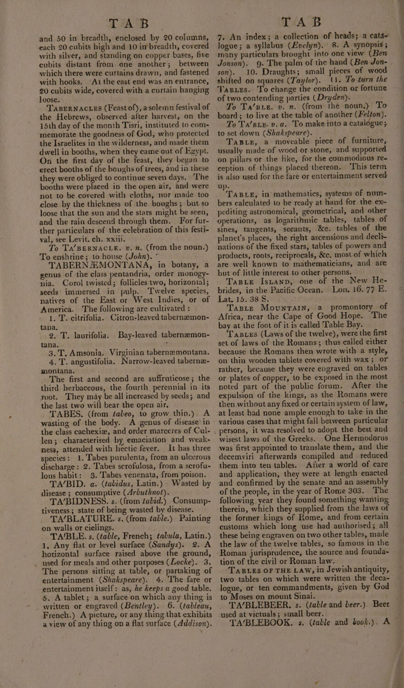 and 50 in breadth, enclosed by 20 columns, each 20 cubits high and 10 in‘ breadth, covered with silver, and standing on copper bases, five cubits distant from. one another; between which there were curtains drawn, and fastened with hooks. “At the east end was an entrance, 20 cubits wide, covered with a curtain hanging loose. TABERNACLES (Feast of), asolemn festival of the Hebrews, observed after harvest, on the 15th day of the month Tisri, instituted to com- memorate the goodness of God, who protected the Israelites in the wilderness, and made them dwell in booths, when they came out of Egypt. On the first day of the feast, they began to erect booths of the boughs of trees, and in these they were obliged to continue seven days. ‘The booths were placed in the open air, and were not to be covered with cloths, nor made too close by the thickness of the. boughs ; but so loose that the sun and the stars might be seen, and the rain descend through them. For fur- ther particulars of the celebration of this festi- val, see Levit. ch. xxiii. To Ta’BERNACLE. v. n. (from the noun.) To enshrine; to house (John). * TABERNAIMONTANA, in botany, a senus of the class pentandria, order monogy- nia. Corol twisted; follicles two, horizontal; seeds’ immersed in pulp. Twelve species, natives of the East or West Indies, or of America. The following are cultivated : 1. T. citrifolia. Citron-leaved tabernamon- tana. 2. T. laurifolia. Bay-leaved taberneemon- tana. ; 3.T, Amsonia. Virginian tabernzemontana. 4. T. angustifolia. Narrow-leaved taberne- montana. The first and second are suffruticose; the third herbaceous, the fourth perennial in its root. They may be all increased by seeds; and the last two will bear the open air. TABES. (from taleo, to grow thin.) A wasting of the body. A genus of disease) in len; characterised by emaciation and weak- ness, attended with hectic fever. It has three species: 1. 'Tabes purulenta, from an ulcerous discharge: 2. Tabes scrofulosa, from a scrofu- lous habit: 3. Tabes venenata, from poison. TA/‘BID. a. (¢alidus, Latin.) Wasted by disease ; consumptive (Arbuthnot). TA’/BIDNESS. s. (from ¢abid.) Consump- tiveness ; state of being wasted by disease. TA/BLATURE. s. (from éable.) Painting on walls or cielings. TA'BLE. s. (table, French; tabula, Latin.) 1. Any flat or level surface (Sandys). 2. A horizontal surface raised above the ground, used for meals and other purposes (Locke). 3. The persons sitting at table, or partaking of entertainment (Shakspeare). 4. The fare or entertainment itself: as, he keeps a good table. 5. A tablet; a surface on which any thing is written or engraved (Bentley). 6. (tableau, French.) A picture, or any thing that exhibits a view of any thing ona flat surface (Addison). 7, An index; a collection of heads; a cata~ logue; a syllabus (Evelyn). 8. A. synopsis 5 many particulars brought into one view (Ben Jonson). 9. The palm of the hand (Ben Jon- son). 10. Draughts; small pieces of wood shifted on squares (Taylor). ti. To turn the Tasiys. To change the condition or fortune of two contending parties (Dryden). To Ta‘suz. v. n. (from the noun.) To board ; to live at the table of another (Felton). To Ta’sLx. v. a. To make into a cataldgue; to set down (Shakspeare). TABLE, a moveable piece of furniture, usually made of wood or stone, and supported on pillars or the like, for the commodious ree - ception of things placed thereon. ‘This term is also used for the fare or entertainment served up. TABLE, in mathematics, systems of num- bers calculated to be ready at hand for the ex- pediting astronomical, geometrical, and other operations, as logarithmic tables, tables of sines, tangents, secants, &amp;e. tables of the planet's places, the right ascensions and decli- nations of the fixed stars, tables of powers and products, roots, reciprocals, &amp;c, most of which are well known to mathematicians, and are but of little interest to other persons. TaBLe Istanp, one of the New He- brides, in the Pacific Ocean. Lon. 16.77 E. Lat. 15.:38 8. TaBLe Mountain, a promontory of Africa, near the Cape of Good Hope. The bay at the foot of it is called Table Bay. Tasvezs (Laws of the twelve), were the first set of laws of the Romans; thus called either because the Romans then wrote with a style, on thin wooden tablets covered with wax; or rather, because they were engraved on tables or plates of copper, to be exposed in the most noted part of the public forum. After the expulsion of the kings, as the Romans were then without any fixed or certain system of law, at least had none ample enough to take in the various cases that might fall between particular persons, it was resolved to adopt the best and wisest laws of the Greeks. One Hermodorus was first appointed to translate them, and the decemviri afterwards compiled and reduced them into ten tables. After a world of care and application, they were at length enacted and confirmed by the senate and an assembly of the people, in the year of Rome 303. The following year they found something wanting therein, which they supplied from the laws of the former kings of Rome, and from certain customs which long use had authorised ;_ all these being engraven on two other tables, made the law of the twelve tables, so famous in the Roman jurisprudence, the source and founda- tion of the civil or Roman law. ‘TABLES OF THE LAW, in Jewish antiquity, two tables on which were written the deca~ logue, or ten commandments, given by God to Moses on mount Sinai. TA’BLEBEER. s. (table and Leer.) Beer used at victuals; small beer. TA'BLEBOOK, s. (éable and book.) A”