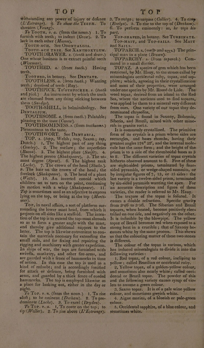 withstanding any power of injury or defence (L’ Estrange). 9. To show-the TEETH. To threaten (Young). To Tootx, v. a. (from the noun.) 1. To furnish with teeth; to indent (Grew). 2. To lock in each other (Moxon). .Tooru-acu, See OponTa eta. TOoTH-ACH TREE. See XANTHOXYLUM. TO’OTHDRAWER. s. (tooth and draw.) One whose business is to extract painful teeth (Wiseman), TO’/OTHED. a. (from: tooth.) teeth, Tooruep, in botany. See DentTarte. ' TO’/OTHLESS. a. (from tooth.) Wanting teeth ; deprived of teeth (Ray). TOOTHPICK. To’oruercxer. s. (fo0th and pick.) An instrument by which the teeth are cleansed from any thing sticking between them (Sandys). TOOTH-SHELL, in helminthology. . See DEenTALIUM. TONOTHSOME. a, (from tooth.) Palatable; leasing to the taste (Carew). . _ TO’OTHSOMENESS. s. (from toothsome.) Pleasantness to the taste, TO‘OTHWORT. See Denrarra, TOP. s..(¢opp, Welsh; cop, Saxon; éop, Dutch.) 1, The highest part of any thing (Cowley). 2. The surface; the superficies (Bacon). 3. The highest place (Swift). 4. Having most degree (Sprat). 6. The highest rank (Locke). 7. The crown of the head (Shaks.). 8. The hair on the crown of the head; the forelock (Shakspeare). 9. The head ofa plant (atts), 10. An inverted conoid which children set to turn on the point, continuing its motion with a whip (Shakspeare). 11. Top is sometimes used as an adjective to express lying on the top, or being at.the top (Morti- mer), - ss Top, in naval affairs, a rounding the lower mast head, from which it projects on all sides like a scaffold. The inten- so as to form a greater angle with the mast, and thereby give additional support to the latter. The top is likewise convenient to con- tain the materials necessary for extending the small sails, and for fixing and repairing the rigging and machinery with greater expedition, in ships of war, the tops are furnished with swivels, musketry, and other fire-arms, and are guarded witha fence of hammocks in time of action. In this case the top is used as a kind of redoubt; and is accordingly fortified for attack or defence, being furnished with arms, and guarded by a thiek fence of corded hammocks. The top is employed likewise as a place for looking eut, either in the day or night. . Yo Tor. v.n. (from the noun.) 1, To rise aloft; to be eminent (Derham). 2. To pre- dominate (Locke). 3. To excel (Dryden). _To'Tor.v. a. 1. 'To cover on the top; to iip-(Weller). 2.'To rise above (L’ Estrange). \ 3. To outgo; tosurpass (Collier). 4. To crop (Evelyn). 5.'To rise to the top of (Denham). 6..To perform eminently: as, he tops his pare, ‘Top-sHAPED, in botany. See TURBINATE. ° Tor-mast, and Topr-saits. See Mast and Sars. | AS) tee. TO’/PARCH. s. (rom@ and eeyn.) The prine cipal man in a place (Brown). TO’/PARCHY.'s. (from toparch.) Com- mand in a small district. TOPAZ. A species of gem which has been restricted, by Mr. Hauy, to the stones called by mineraloyists occidental ruby, topaz, and sap- phire; which, agreeing in their crystallization and most of their properties, were arranged under one species by Mr. Romé de Lisle. The word topaz, derived from an island tn the Red Sea, where the ancients used to find topazes,. was applied by them to a mineral very different from ours, | One: variety of our topaz they de- nominated chrysolite, _ The topaz is found in Saxony, Bohemia, Siberia, and Brazil, mixed with other mine- rals in granite rocks. It is commonly erystallized. The primitive form of its crystals is a prism whose sides are rectangles, and bases rhombs, ! having their greatest angles 124° 22’, and the internal mole- cule has the same form; and the height of the prism is to a side of the rhomboidal bases as 3 to2. The different varieties of topaz crystals hitherto observed amount to 6. Five of these are eight+sided prisms, terminated by four- sided pyramids, or wedge-shaped summits, or by irregular figures of 7, 13, or 15 sides: the last variety is a twelve-sided prism, terminated by six-sided pyramids wanting the apex. For an accurate description and figure of these varieties, the reader is referred to Mr. Hauy. The texture of the topaz is foliated. It causes a double refraction. Specific gravity - from 3°46 to 3°56, The Siberian and Brazil’ topazes, when heated, become positively elec trified on one side, and negatively on the other. Tt is.infusible by the blowpipe. The yellow topaz of Brazil becomes red when exposed to a strong heat in a crucible ; that of Saxony be- comes white by the same process, This shews us that the colouring matter of these two stones is different. sy The colour of the topaz is various, which has induced mineralogists to divide it into the following varieties : . tapered 1, Red topaz, of a red colour, incliping to yellow ; called Brazilian or occidental roby. 2, Yellow topaz, of a golden-yellow eolour, and sometimes also nearly white; called oeci- dental or Brazil topaz. The powder of this and the following variety causes syrup of vio= lets to assume a green colour. ier 3. Saxon topaz. It is of a pale wine yellow colour, and sometimes greyish white. 4, Aigue marini, of a blueish or pale-green colour. 5. Occidental sapphire, of a blue colour, and sometimes white. ~ se peo tee! er