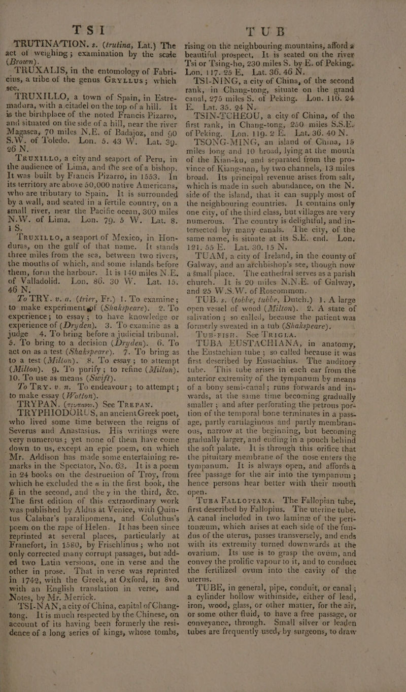 TSI TRUTINA‘TION. s. (érutina, Lat.) The act of weighing; examination by the scale (Brown). _TRUXALIS, in the entomology of Fabri- cius, a tribe of the genus Grytius; which see. ) TRUXILLO, a town of Spain, in Estre- madura, with a,citadel on the top ofahill. It is the birthplace of the noted Francis Pizarro, and situated on the side of a hill, near the river Magasca; 70 miles N.E. of Badajoz, and 40 5.W. of Toledo, Lon. 5.43 W. Lat. 39. 26 N. TRUXILLO, a city and seaport of Peru, in the audience of Lima, and the see of a bishop. It was built by Francis Pizarro, in 1553. In its territory are above 50,000 native Americans, who are tributary to Spain. It is surrounded by a wall, and seated in a fertile country, ona small river, near the Pacific ocean, 300 miles ine of Lima, Lon. 79. 5 W. Lat. 8. 15. TRUXILLO, a seaport of Mexico, in Hon- duras, on the gulf of that name. [It stands three miles from the sea, between two rivers, the mouths of which, and some islands before ‘them, form the harbour. It is 140 miles N.E, of Valladolid. Lon. 86. 30 W. Lat. 15. 46.N. To TRY. v. a. (érier, Fr.) 1. To examine; 'to make experimentgpf (Shakspeare). 2. To experience; to essay; to have knowledge or experience of (Dryden). 3. To examine as a judge 4. To bring before a judicial tribunal. 5. To bring to a decision (Dryden). 6. To act on as a test (Shakspeare). 7. To bring as to a test (Milton). &amp;. To essay; to attempt (Milton). 9. ‘To purify; to refine (Milton). 10, To use as means (Swift). To'Try.v.n. To endeavour; to attempt ; to make essay (Wotton). TRYPAN. (ceumavev.) See TREPAN. TRY PHIODORUS, an ancient Greek poet, who lived some time between the reigns of Severus and Anastasius. His writings were very numerous; yet none of them have come _down to us, except an epic poem, on which Mr. Addison has made some entertaining re- marks in the Spectator, No. 63. It is a poem in 24 books on the destruction of Troy, from which he excluded the e in the first book, the f in the second, and the y in the ‘third, &amp;c. The first edition of this extraordinary work _ was published by Aldus at Venice, with Quin- tus Calabar’s paralipomena, and Coluthus’s ‘poem on the rape of Helen, It has been since reprinted at several places, particularly at Francfort, in 1580, by Frischlinus ; who not only corrected many corrupt passages, but add- ed two Latin versions, one in verse and the other in prose, That in verse was reprinted in 1742, with the Greek, at Oxford, in 8vo. with an English translation in verse, and Notes, by Mr. Merrick. TSI-NAN, acity of China, capital of Chang- tong. Itis much respected by the Chinese, on account of its having been formerly the resi- dence of a long ‘series of kings, whose tombs, i TUB rising on the neighbouring mountains, afford a beautiful prospect, It is seated on the river Tsi or Tsing-ho, 230 miles S. by E. of Peking. Lon. 117.25 E. Lat. 36. 46 N. TSI-NING, a city of China, of the second rank, in Chang-tong, situate on the grand canal, 275 miles S. of Peking. Lon. 116. 24 E. shat: 35. 24 Nw x TSIN-TCHEOU, a city of China, of the first rank, in Chang-tong, 250. miles 8.S.E. of Peking. Lon. 119.2 E. Lat. 36. 40 N. TSONG-MING, .an island of China, 15 miles long and 10 broad, lying at the mouth of the Kian-ku, and separated from the pro- vince of Kiang-nan, by two channels, 13 miles broad. Its principal revenue arises from salt, which is made in such abundance, on the N. side of the island, that it can supply most of the neighbouring countries. It contains only one city, of the third class, but villages are very numerous. The country is delightful, and in- tersected by many canals. The city, of the same name, is situate at its S.E. end. Lon. 121755 Ev Latwa0v15 Ne TUAM, a city of Ireland, in the county of Galway, and an atchbishop’s see, though now aémall place. ‘The cathedral serves as a parish church. Jt is 20 miles N.N.E. of Galway, and 25 W.8.W. of Roscommon. TUB. s. (tobbe, tubbe, Dutch.) 1. A large open vessel of wood (Milton). 2. A state of salivation ; so called, because the patient was formerly sweated in a tub (Shakspeare), Tus-rish. See TRIGLA. TUBA EUSTACHIANA, in anatomy, the Eustachian tube; so called because it was first deseribed by Eustachius. The auditory tube. This tube arises in each ear from the anterior extremity of the tympanum by means of a bony semi-canal; runs forwards and in- wards, at the same time becoming gradually smaller ; and after perforating the petrous por- tion of the temporal bone terminates in a pass- age, partly cartilaginous and partly membran- ous, narrow at the beginning, but becoming gradually larger, and ending in a pouch behind the soft palate. It is through this orifice that the pituitary membrane of the nose enters the tympanum, It is always open, and affords a free passage for the air into the tympanum ; hence persons hear better with their mouth ~ open. 4 Tupa FarLoprana. The Fallopian tube, first described by Fallopius. The uterine tube. A canal included in two laminz of the peri- tonzum, which arises at each side of the fun- dus of the uterus, passes transversely, and ends with its extremity turned downwards at the ovarium, Its use is to grasp the ovam, and convey the prolific vapour to it, and to conduct the fertilized ovum into the cavity of the uterns. ; TUBE, in general, pipe, conduit, or canal ; a cylinder hollow withinside, either of lead, iron, wood, glass, or other matter, for the air, or some other fluid, to have a free passage, or conveyance, through. Small silver or leaden tubes are frequently used, by surgeons, to draw