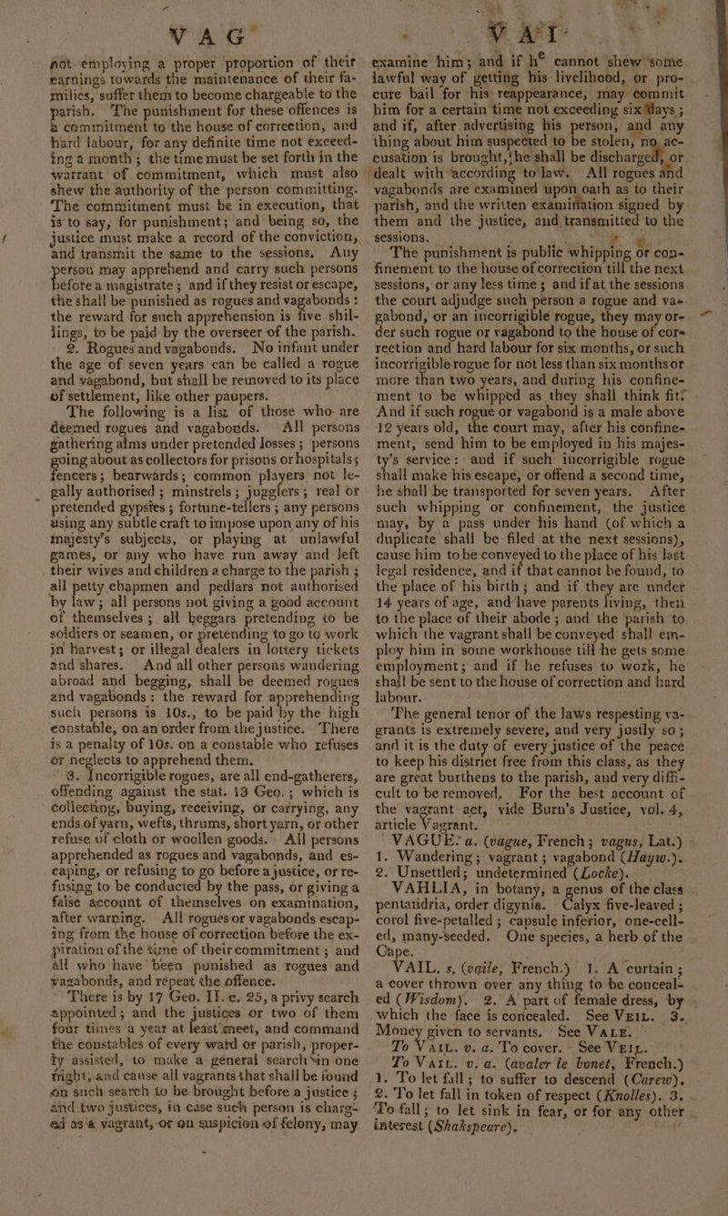 VAG. Adt-employing a proper proportion of theit earnings towards the maintenance of their fa- milies, suffer them to become chargeable to the parish. The punishment for these offences is » commitment to the house of correetion, and hard labour, for any definite time not exceed- ing a month; the time must be set forth in the warrant of commitment, which must also shew the authority of the person committing. The commitment must be in execution, that is to say, for punishment; and being so, the and transmit the same to the sessions, Any ae may apprehend and carry such persons sefore a magistrate ; and if they resist or escape, the shall be punished as rogues and vagabonds : the reward for such apprehension is five shil- lings, to be paid by the overseer of the parish. 2. Rogues and vagabonds. No infant under the age of seven years can be called a rogue and vagabond, but shell be removed to its place of settlement, like other paupers. The following is a list of those who: are deemed rogues and vagabonds. All persons gathering alms under pretended losses ;_ persons oing about as collectors for prisons or hospitals s fencers; bearwards; common players not le- gally authorised ; minstrels; jugglers; real or pretended gypsies ; fortune-tellers ; any persons using any subtle craft to impose upon any of his majesty’s subjects, or playing at unlawful games, or any who have run away and left their wives and children a charge to the parish ; all petty chapmen and pediars not authorised by law; all persons not giving a good account of themselves ; all beggars pretending to be soidiers or seamen, or pretending to go to work in harvest; or illegal dealers in lottery tickets and shares. And all other persons wandering abroad and begging, shall be deemed rogues and vagabonds: the reward for apprehending such persons is 10s., to be paid ‘by the high constable, on an order from the justice. ‘There is a penalty of 10s. on a constable who refuses or neglects to apprehend them. 8. Incorrigible rogues, are all end-gatherers, offending against the stat. 13 Gee. ; which is collecting, buying, receiving, or carrying, any ends of yarn, wefts, thrums, short yarn, or other refuse of cloth or woollen goods. All persons apprehended as rogues and vagabonds, and es- caping, or refusing to go before a justice, or re- fusing to be conducted by the pass, or giving a faise account of themselves on examination, after warning. All rogues or vagabonds escap- ing from the house of correction before the ex- piration of the time of theircommitment ; and all who have been punished as rogues and vagabonds, and répeat the offence. There is by 17 Geo. IT. c. 25, a privy search appointed ; and the justices or two of them four times a year at least meet, and command the constables of every wafd or parish, proper- fy assisted, to make a géneral search ‘in one night, and cause all vagrants that shall be found on such search to be brought before a justice ¢ and two justices, in-case such person is charg- ed a3 '@ vagrant, or on suspicion of felony, may - a OP « ) VERPLS A Oy examine him; and if h® cannot shew ‘some lawful way of getting his livelihcod, or pro- cure bail for his reappearance, may commit him for a certain time not exceeding six Ways ; and if, after advertising his person, and any thing about him suspected to be stolen, no, ac- cusation is brought,‘he shall be discharged, or vagabonds are examined upon oath as to their parish, and the written examination signed by them and the justice, and transmitted to the ; ees |) ae The punishment is public whipping or con- finement to the house of correction till the next sessions, or any less time 5 and if at the sessions the court adjudge such person a rogue and vas gabond, or an incorrigible rogue, they may or-. der such rogue or vagabond to the house of cor- rection and hard labour for six months, or such incorrigible rogue for not less than six months or more than two years, and during his confine- — ment to be whipped as they shall think fit? - And if such rogue or vagabond is a male above 12 years old, the court may, after his confine. - ment, send him to be employed in his majes- ty’s service: and if such incorrigible rogue shall make his escape, or offend a second time, he shall be transported for seven years. After such whipping or confinement, the justice may, by a pass under his hand (of which a duplicate shall be filed at the next sessions), cause him to be-conveyed to the place of his last legal residence, and if that cannot be found, to the place of his birth; and if they are under 14 years of age, and’have parents living, then to the place of their abode ; and the parish to which the vagrant shall be conveyed shall em- ploy him in some workhouse till he gets some employment; and if he refuses to work, he shail be sent to the house of correction and hard labour. The general tenor of the laws respesting va- grants is extremely severe, and very justly so ; and it is the duty of every justice of the peace to keep his district free from this class, as they are great burthens to the parish, and very diffi- cult to be removed. For the best account of the vagrant act, vide Burn’s Justice, vol. 4, article Vagrant. VAGUE‘ a. (vague, French; vagus, Lat.) - 1. Wandering ; vagrant ; vagabond (Hayw.). 2. Unsettled; undetermined (Locke). - VAHLIA, in botany, a genus of the class | pentandria, order digynia. Calyx five-leaved ; corol five-petalled ; capsule inferior, one-cell- ed, many-seeded. One species, a herb of the | jape. VAIL. s, (vqile, French.) 1. A curtain; a cover thrown over any thing to be conceal- ed (Wisdom). 2. A part of female dress, by - which the face is coricealed. See VeiL. 3. Money given to servants. See VALE. | To Vatu. v. a. To cover: See Vern. To Vatu. v, a. (avaler le bonet, French.) » 1. To Jet fall; to suffer to descend (Carew). 2. To let fall in token of respect (Knolles). 3. ~ ‘To fall; to let sink in fear, or for any other . interest (Shakspeare). ;