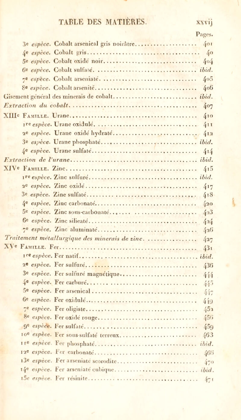 3« espèce. Cobalt arsenical gris noirâtre... 4e espèce. Cobalt gris 5e espèce. Cobalt oxide' noir Ce espèce. Cobalt sulfate' 7« espèce. Cobalt arseniate 8e espèce. Cobalt arsenité Gisement general des minerais de cobalt Extraction du cobalt XIIIe Famille. Urane ire espèce. Urane oxidulé 2e espèce. Urane oxide' hydraté 3e espèce. Urane phosphaté 4e espèce. Urane sulfaté Extraction de Vurane XIV e Famille. Zinc ire espèce. Zinc sulfuré 2e espèce. Zinc oxidé 3e espèce. Zinc sulfaté 4e espèce. Ziuc carbonate' 5e espèce. Zinc sous-carbonaté 6e espèce. Zinc silieaté 7e espèce. Zinc aluminaté 7ralternent métallurgique des minerais de zinc XVe Famille. Fer ire espèce. Fer natif 2e espèce. Fer sulfuré 3e espèce. Fer sulfuré magnétique 4e espèce. Fer carburé 5e espèce. Fer arsenical 6e espèce. Fer oxidulé 7e espèce. Fer oligiste 8e espèce. Fer oxidé rouge 9e espè&e. Fer sulfaté ioe espèce. Fer sous sulfaté terreux ire espece. Fer phosphaté 12e espèce. Fer carbonaté l3e espèce. Fer arseniaté scoroditc i4e espèce- Fer arseniate'cubique i5e espèce. Fer résinitc Pages. 4°1 .. 40 • 4°4 . ibid. . 4o5 4°6 . ibid. ■ 4°7 . 4’° . 411 . 412 . ibid. . 4 >4 . ibid. . 4 *5 . ibid. ■ 4*7 . 4iS 42° . 42.3 • 424 426 • 427 . 431 . ibid. . 43« • 4)4 ■ 445 • 447 • 4 49 . 452 . 45b • 459 . 463 . ibid. 466 • 47° . ibid. • 4:> %