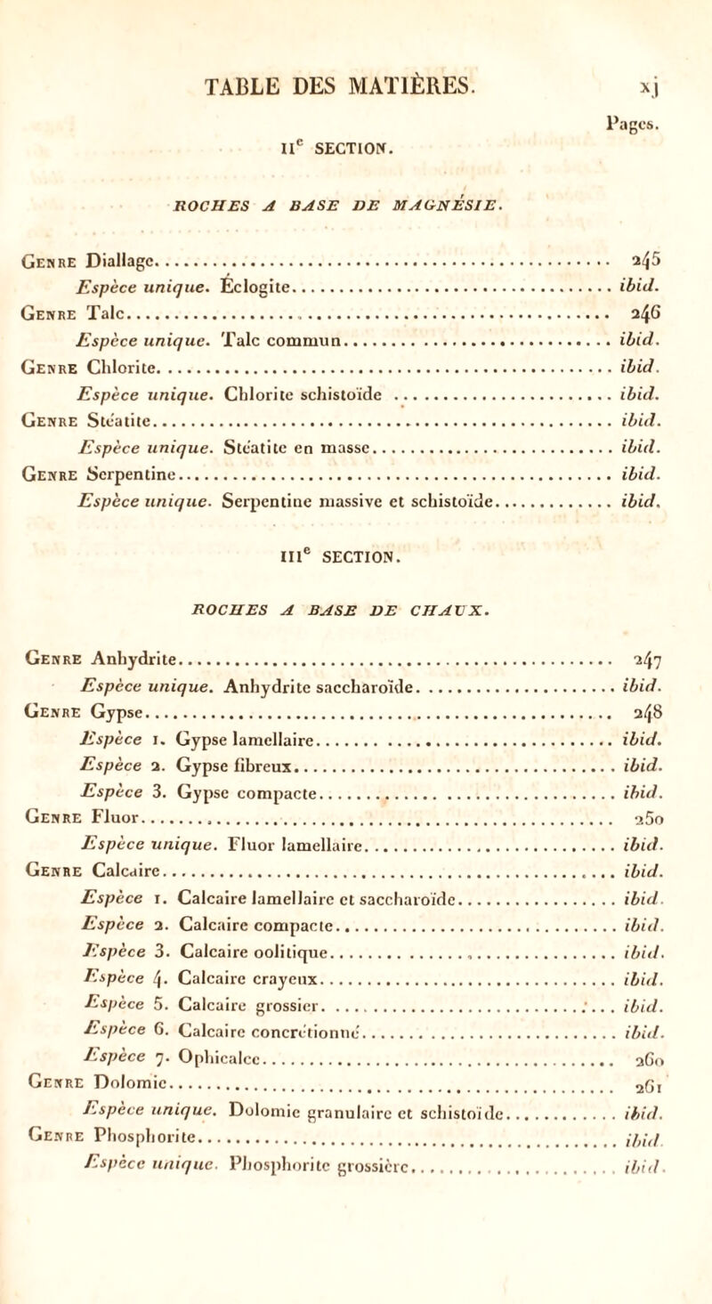 Pages. IIe SECTION. ROCHES A BASE DE MAGNESIE. Genre Diallagc 2ij5 Espèce unique. Eclogite ibid. Genre Talc 246 Espèce unique. Talc commun ibid. Genre Chlorite ibid. Espèce unique. Chlorite schistoïde ibid. Genre Steatite ibid. Espèce unique. Steatite en masse ibid. Genre Serpentine ibid. Espèce unique. Serpentine massive et schistoïde ibid. IIIe SECTION. ROCHES A BASE DE CHAUX. Genre Anhydrite 247 Espèce unique. Anhydrite saccharoïde ibid. Genre Gypse 248 Espèce 1. Gypse lamellaire ibid. Espèce 2. Gypse fibreux ibid. Espèce 3. Gypse compacte ibid. Genre Fluor 25o Espèce unique. Fluor lamellaire ibid. Genre Calcaire ibid. Espèce 1. Calcaire lamellaire et saccharoïde ibid. Espèce 2. Calcaire compacte ibid. Espèce 3. Calcaire oolitique ibid. Espèce 4. Calcaire crayeux ibid. Espèce 5. Calcaire grossier :... ibid. Espèce 6. Calcaire concretionne ibid. Espèce 7. Ophicalcc 260 Genre Dolomie 2q, Espèce unique. Dolomie granulaire et schistoïde ibid. Genre Phosphorite ibid Espèce unique. Phosphorite grossière ibid■