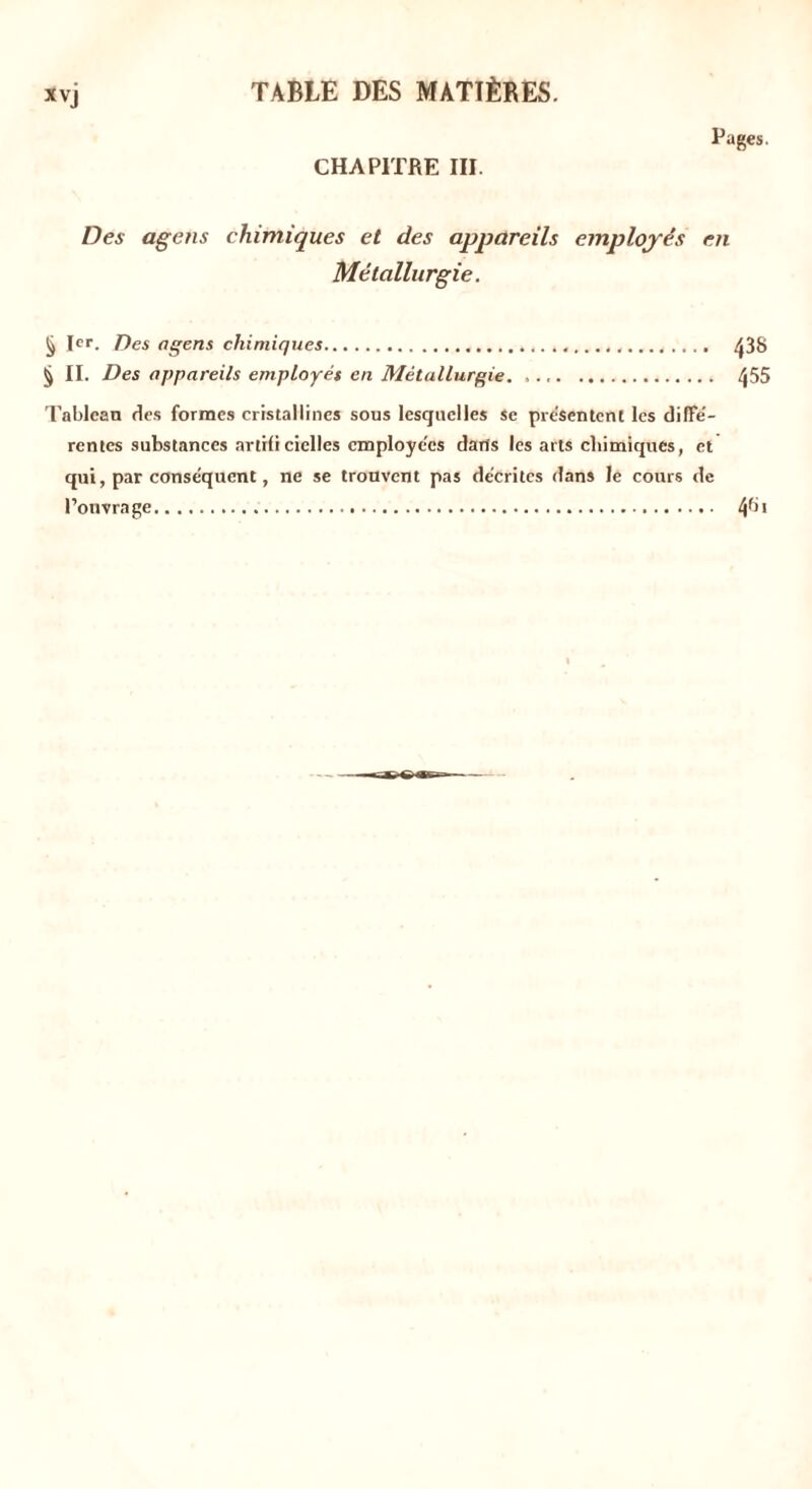 Pages. CHAPITRE III. Des agetis chimiques et des appareils employés en Métallurgie. § 1er. Des agens chimiques .. .. /J38 § IL Des appareils employés en Métallurgie. 455 Tableau des formes cristallines sous lesquelles se présentent les diffe- rentes substances artificielles employées darfs les arts chimiques, et qui, par conséquent, ne se trouvent pas décrites dans le cours de l’ouvrage 4^'