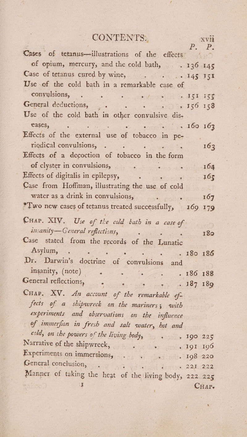 CONTENTS:. XVH : | | aN 6 Cases of tetanus—illustrations of the effects 42” of opium, mercury, and the cold bath, | . 136 145 Case of tetanus cured by wine, =... 14ST 51 Use .of the cold bath in a remarkable case of conyulsions, ‘ : pe ghey s, ab Sh) 3Sy General deductions, — : . : » 156 158 Use of the cold bath in other convulsive dis- eases, : : : - ; yn 269 163 Effects of the cee use of tobacco in pe- - riqdical convulsions, . : j : : 163 Effects of a decoction of tobacco in the form of clyster in convulsions, : . i 164 Effects of digitalis in epilepsy, ‘ : , 165 Case from Hoffman, illustrating the use of cold : water as a drink in convulsions, ; ‘ 167 *Two new cases of tetanus treated successfully, 169 Cuar. XIV. Use of ) cold bath in a case of zisanity— General reflections, ; . ‘ Case stated from the records of the Lunatic Asylum, , 4 ; ‘ ; ‘ . 180 Dr. Darwin’s doctrine of convulsions and inganity, (note) —, ‘ a : » 186 General reflections, * ‘ eT Has ys: Cuar. XV. An eee of the remarkable ef- fects of a shipwreck on the mariners; with experiments and observations on the influence of immerfion in fresh and salt water, hot and cold, on the powers of the living body, - 190 Narrative of the shipwreck, ‘ . ‘FOX Experiments on immersions, ‘ : » 198 General conclusion, , . ‘ : ne Manner of taking the heat of the living body, 222 179 180 186 188 189