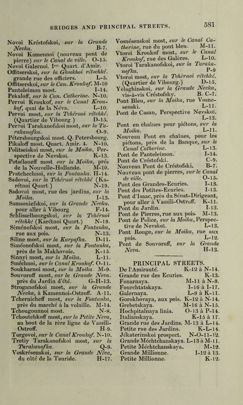 BRIDGES AND PRINCIPAL STREETS. Novoi Krestofskoi, sur la Grande Nevka. B-7. Novoi Kamennoi (nouveau pont de pierre) sur le Canal de ville. 0-15. Novoi Galernoi. Ier- Quart. d’Amir. Offitserskoi, sur la Gloukhoi retschkL grande rue des officiers. L-5. Offitserskoi, swr le Can. Kroukof. M-10 Panteleimon most. 1-14. Pekaloff, sur le Can. Catherine. N-10. Pervoi Kroukof, sur le Canal Krou- kof, quai de la Neva. L-10. Pervoi most, sur la Tchtrnoi retchke. (Quartier de Vibourg ) D-15. Pervoi Tarakanofskoi most, sur la Ta- rakanofka. 0-9. Petersbourgskoi most. Q. Petersbourg. Pikaloff most. Quart. Amir. 4. N-10. Politseiskoi most, sur la Moika, Per- spective de Nevsko'i. K-13. Potseloueff most sur la Moika, pr£s de la Nouvelle-Hollande. M-10. Pratchechnoi, sur la Fontanka. H-14. Sadovoi, sur la Tchernoi retchke (Ka- retnoi Quart ) N-19. Sadovoi most, rue des jardins, sur la Moika. 1-13. Samsoniefskoi, sur la Grande Nevka. pour aller a Vibourg F-14. Scnlisselbourgskoi, sur la Tchernoi retchke (Karetnoi Quart.) N-19. Sem^nofskoi most, sur la Fontanka, rue aux pois. N-13. Siline most, sur la Karpofka. D-ll. Sim^onofskoi most, sur la Fontanka, pres de la Makhovoie. K-15. Sinnyi most, sur la Moika. L-ll. Sm^chnoi, sur le Canal Kroukof . 0-11. Soukharnoi most, sur la Moika. M-9. Souvoroff most, sur la Grande Neva. pres du Jardin d’£te. G-H-13. Stroganofskoi most, sur la Grande Nevka, a Kamennoi-Ostroff. A -11. Tchernicheff most, sur la Fontanka, pres du march £ a la volaille. M-14. Tchougounnoi most. N-8. Tchoutchkoff most, sur la Petite Neva, au bout de la rere ligne de Vassili- Ostroff. H-9. Torgovoi, sur le Canal Kroukof N-10. Tretiy Tarakanofskoi most, sur la Tarakanofka. Q-9. Voskr^senskoi, sur la Grande Niva, du cot£ de la Tauride. H-17. Vosn6senskoi most, sur le Canal Ca- therine, rue du pont bleu. M-ll. Vtoroi Kroukof most, sur le Canal Kroukof, rue des Galeres. L-10. Vtoroi Tarakanofskoi, sur la Taraka- nofka. P-9 Vtoroi most, sur la Tchernoi retchke. (Quartier de Vibourg.) D-15. Yelaghinskoi, sur la Grande Nevka, vis-a-vis Cr&amp;stofsky. B. C-7. Pont Bleu, sur la Moika, rue Vosne- senski. L-ll. Pont de Casan, Perspective Nevsko'i. L-13. Pont en chaines pour pietons, sur la Moika. L-ll. Nouveau Pont en chaines, pour les pistons, pres de la Banque, sur le Canal Catherine. L-13. Pont de Panteleimon. 1-14. Pont de Crestofski. C-9. Nouveau Pont de Crestofski. B-7. Nouveau pont de pierres, sur le Canal de ville. 0-15. Pont des Grandes-Ecuries. I-I3. Pont des Petites-Ecuries. 1*13. Pont d’Isaac, pres du Senat-Dirigeant, pour aller a Vassili-Ostroff. K-ll. Pont du Jardin. 1-13. Pont de Pierres, rue aux pois. M-13. Pont de Police, sur la Moika, Perspec- tive de Nevsko'i. L-13. Pont Rouge, sur la Moika, rue aux pois. L-12. Pont de Souvoroff, sur la Grande Neva. H-13. PRINCIPAL STREETS. De l’Amiraute. K-12 a N-14. Grande rue des Ecuries. K-13. Fonarnaya. M-llaN-9. Fourchtatskaya. 1-16 a 1-17. Galernaya. L-9 a K-ll. Gorokhovaya, aux pois. K-12 a N-14. Grebetskaya. M-16 a N-15. Hochpitalnaya linia. 0-13 a P-14. Italianskaya. K-15 a 17. Grande rue des Jardins. M-13 a L-14. Petite rue des Jardins. K-L-14. Jekaterinskoi prospect. N-0-11-T2. Grande Mechtchanskaya. L-13 a M-11. Petite Mechtchanskay a. M-12. Grande Millionne. 1-12 a 13. Petite Millionne. K-12.