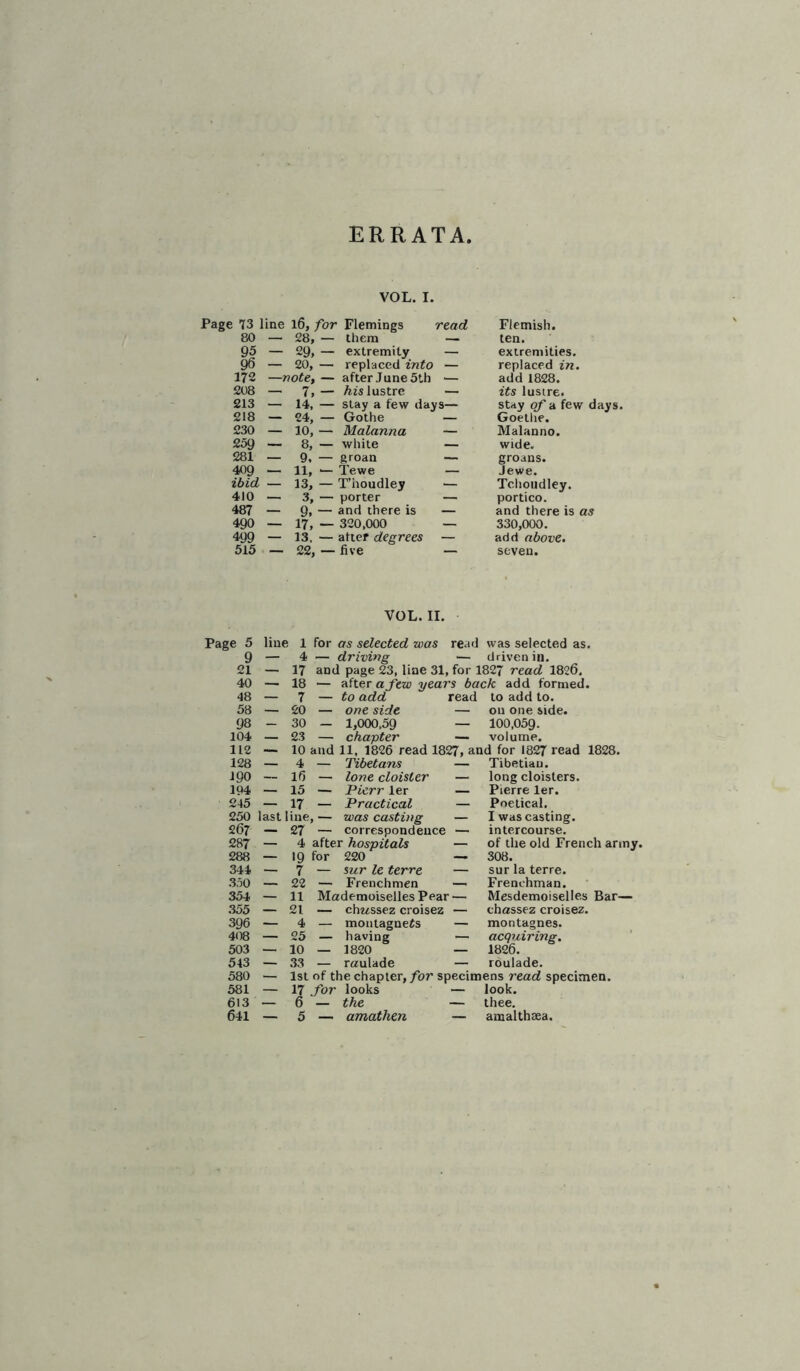 ERRATA VOL. I. s 73 line l6, for Flemings read Flemish. 80 — 28, — them — ten. 95 — 29, — extremity — extremities. 96 — 20, — replaced into — replaced in. 172 —note, — after June 5th .— add 1828. 208 _ 7, — his lustre — its lustre. 213 — 14, — stay a few days— stay of a few days. 218 — 24, — Gothe Goethe. 230 — 10, — Malanna — Malanno. 259 ~ 8, — white — wide. 281 — 9. — groan — groans. 409 _ 11, — Tewe _ Jewe. ibid — 13, — T’iioudley — Tchoudley. 410 ■ 3, — porter — portico. 487 — 9, — and there is — and there is as 490 — 17, — 320,000 — 330,000. 499 — 13. — after degrees — add above. 515 — 22, — five — seven. VOL. II. Page 5 line 1 for as selected was read was selected as. 9 — 4 — driving — driven in. 21 — 17 and page 23, line 31, for 1827 read 1826. 40 — 18 — after a few years back add formed. 48 — 7 — to add read to add to. 58 — 20 — one side — on one side. 98 — 30 — 1,000,59 — 100,059. 104 — 23 — chapter — volume. 112 — 10 and 11, 1826 read 1827, and for 1827 read 1828. 128 — 4 — Tibetans Tibetian. 190 — 16 — lone cloister — long cloisters. 194 — 15 — Pierr ler Pierre ler. 245 — 17 — Practical — Poetical. 250 last line,— was casting — I was casting. 267 — 27 — correspondence — intercourse. 287 — 4 after hospitals — of the old French army. 288 — 19 for 220 —• 308. 344 — 7 — sur le terre — sur la terre. 350 — 22 — Frenchmen Frenchman. 354 — 11 Mademoiselles Pear — Mesdemoiselles Bar— 355 — 21 — chwssez croisez — chassez croisez. 396 — 4 — montagneis — montagnes. 408 — 25 — having acquiring. 503 — 10 — 1820 — 1826. 543 — 33 — raulade — roulade. 580 — 1st of the chapter, for specimens read specimen. 581 — 17 for looks — look. 613 — 6 — the — thee.