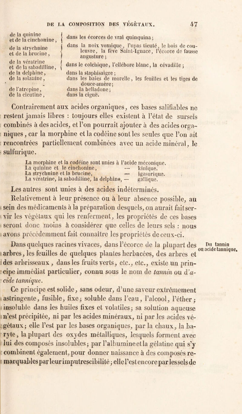 de la quinine ( et de la cinchonine, 1 de la strychnine j et de la brucine, ^ de la vératrine / et de la sabadilline, ( de la delphine, de la solanine, de l’atropine, de la cicutine, dans les écorces de vrai quinquina; dans la noix vomique , l’upas ticuté, le bois de cou- leuvre, la fève Saint-Ignace, Pécorce de fausse angusture ; dans le colchique, l’ellébore blanc, la cévadille ; dans la staphisaigre ; dans les baies de moreîle, les feuilles et les tiges de douce-amère ; dans la belladone ; dans la ciguë. Contrairement aux acides organiques, ces bases salifîables ne restent jamais libres : toujours elles existent à l’état de surseîs combinés à des acides, et Pou pourrait ajouter à des acides orga- niques , car la morphine et la codéine sont les seules que Pon ait rencontrées partiellement combinées avec un acide minéral, le sulfurique. La morphine et la codéine sont unies à Pacide méconique. La quinine et le cinchonine, — kinique. La strychnine et la brucine, — igasurique. La vératrine, la sabadilline, la delphine, — gallique. Les autres sont unies à des acides indéterminés. Relativement à leur présence ou à leur absence possible, au sein des médicaments à la préparation desquels, on aurait fait ser- vir les végétaux qui les renferment, les propriétés de ees bases seront donc moins à considérer que celles de leurs sels : nous avons précédemment fait connaître les propriétés de ceux-ci. Dans quelques racines vivaces, dans Pécorce de la plupart des tannin arbres, les feuilles de quelques plantes herbacées, des arbres et des arbrisseaux, dans les fruits verts, etc., etc., existe un prin- cipe immédiat particulier, connu sous le nom de tannin ou d V cide tannique. Ce principe est solide, sans odeur, d’une saveur extrêmement astringente, fusible, fixe; soluble dans l’eau, Palcooi, Péther,* insoluble dans les huiles fixes et volatiles; sa solution aqueuse n’est précipitée, ni par les acides minéraux, ni par les acides vé- gétaux; elle l’est par les bases organiques, par la chaux, la ba- ryte, la plupart des oxydes métalliques, lesquels forment avec lui des composés insolubles; par Palbumineetla gélatine qui s’y combinent également, pour donner naissance à des composés re- marquables par leur imputrescibilité ; elle l’est encore par les sels de