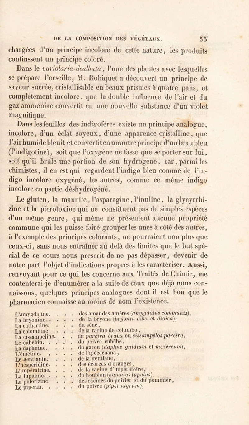 chargées d’un principe incolore de cette nature, les produits continssent un principe coloré. Dans le variolaria-dealhata l’une des plantes avec lesquelles se prépare l’orseiile, M. Robiquet a découvert un principe de saveur sucrée, cristallisabic en beaux prismes à quatre pans, et complètement incolore, que la double influence de Y air et du gaz ammoniac convertit en une nouvelle substance d’un violet magnifique. Dans les feuilles des indigofères existe un principe analogue, incolore, d’un éclat soyeux, d’une apparence cristalline, que l’air humide bleuit et convertit en un autre principe d’un beau bleu (l’indigotine), soit que l’oxygène ne fasse que se porter sur lui, soit qu’il broie une portion de son hydrogène, car, parmi les chimistes, il en est qui regardent l’indigo bleu comme de l’in- digo incolore oxygéné, les autres, comme ce même indigo incolore en partie déshydrogéné. Le gluten, la mannite, l’asparagine, l’inuline, la glycyrrhi- zine et la picrotoxine qui ne constituent pas de simples espèces d’un même genre, qui même ne présentent aucune propriété commune qui les puisse faire grouper les unes à côté des autres, à l’exemple des principes colorants, ne pourraient non plus que ceux-ci, sans nous entraîner au delà des limites que le but spé- cial de ce cours nous prescrit de ne pas dépasser, devenir de notre part l’objet d’indications propres à les caractériser. Aussi, renvoyant pour ce qui les concerne aux Traités de Chimie, me contenterai-je d’énumérer à la suite de ceux que déjà nous con- naissons, quelques principes analogues dont il est bon que le pharmacien connaisse au moins de nom l’existence. L’amygdaüne. ... des amandes amères (amygdalus communis), La bryonine. .... de la bryone (bryonia alba et dioica), La cathartine. . . . du séné, La colombine. . . . de la racine de columbo , La cissampeline. . . du pareira brava ou cissampelos partira, Le cubebin du poivre cubèbe, Ladaphnine. . . . du garou {daplme gnidium et mezereum), L’émétine de Pipécacuana, Le gentianin. . • . de la gentiane, L’hesperidine. ... des écorces d’oranges, L’impératrine. . . . de la racine d’impératoire, La lupuîine du houblon (humulus lupulus), La phlorizine. ... des racines du poirier et du pommier, Le piperin du poivre {piper nigrum),