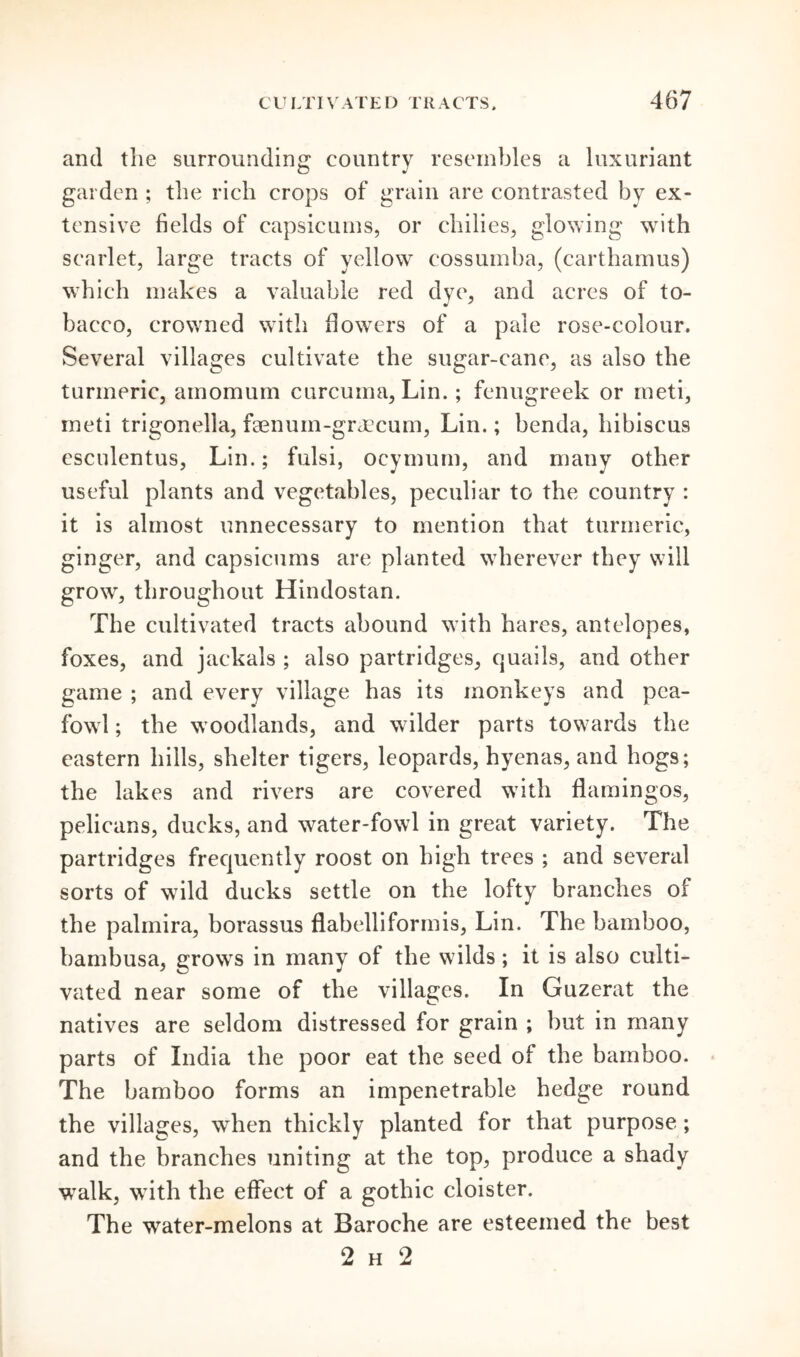 and the surrounding country resembles a luxuriant garden ; the rich crops of grain are contrasted by ex- tensive fields of capsicums, or chilies, glowing with scarlet, large tracts of yellow cossumha, (carthamus) which makes a valuable red dye, and acres of to- bacco, crowned with flowers of a pale rose-colour. Several villages cultivate the sugar-cane, as also the turmeric, arnomum curcuma, Lin.; fenugreek or meti, meti trigonella, fsenuin-graecum, Lin.; benda, hibiscus esculentus, Lin.; fulsi, ocymum, and many other useful plants and vegetables, peculiar to the country : it is almost unnecessary to mention that turmeric, ginger, and capsicums are planted wherever they will grow, throughout Hindostan. The cultivated tracts abound with hares, antelopes, foxes, and jackals ; also partridges, quails, and other game ; and every village has its monkeys and pea- fowl ; the woodlands, and wilder parts towards the eastern hills, shelter tigers, leopards, hyenas, and hogs; the lakes and rivers are covered with flamingos, pelicans, ducks, and water-fowl in great variety. The partridges frequently roost on high trees ; and several sorts of wild ducks settle on the lofty branches of the palmira, borassus flabelliformis, Lin. The bamboo, bambusa, grows in many of the wilds; it is also culti- vated near some of the villages. In Guzerat the natives are seldom distressed for grain ; but in many parts of India the poor eat the seed of the bamboo. The bamboo forms an impenetrable hedge round the villages, when thickly planted for that purpose; and the branches uniting at the top, produce a shady walk, with the effect of a gothic cloister. The water-melons at Baroche are esteemed the best 2 h 2