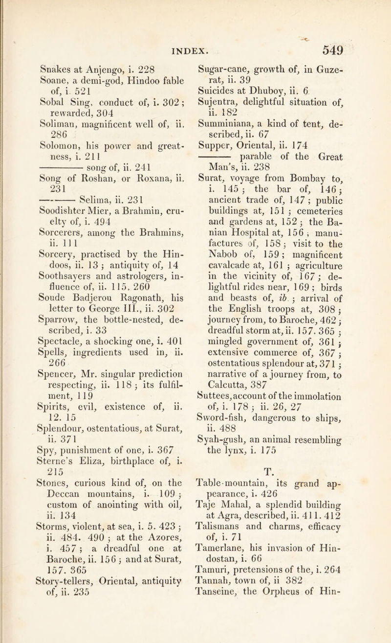 Snakes at Anjengo, i. 228 Soane, a demi-god, Hindoo fable of, i 521 Sobal Sing, conduct of, i. 302 ; rewarded, 304 Soliman, magnificent well of, ii, 286 Solomon, his power and great- ness, i. 211 song of, ii. 241 Song of Roshan, or Roxana, ii. 231 * Selima, ii. 231 Soodisliter Mier, a Brahmin, cru- elty of, i. 494 Sorcerers, among the Brahmins, 11. Ill Sorcery, practised by the Hin- doos, ii. 13 j antiquity of, 14 Soothsayers and astrologers, in- fluence of, ii. 115. 260 Soude Badierou Ragonath, his letter to George III., ii. 302 Sparrow, the bottle-nested, de- scribed, i. 33 Spectacle, a shocking one, i. 401 Spells, ingredients used in, ii. 266 Spencer, Mr. singular prediction respecting, ii. 118 3 its fulfil- ment, 119 Spirits, evil, existence of, ii. 12. 15 Splendour, ostentatious, at Surat, ii, 371 Spy, punishment of one, i. 367 Sterne’s Eliza, birthplace of, i. 215 Stones, curious kind of, on the Deccan mountains, i. 109 3 custom of anointing with oil, ii. 134 Storms, violent, at sea, i. 5. 423 3 ii. 484. 490 3 at the Azores, i. 457 ; a dreadful one at Baroche, ii. 156 3 and at Surat, 157. 365 Story-tellers, Oriental, antiquity of, ii. 235 Sugar-cane, growth of, in Guze- rat, ii. 39 Suicides at Dhuboy, ii. 6 Sujentra, delightful situation of, ii. 182 Summiniana, a kind of tent, de- scribed, ii. 67 Supper, Oriental, ii. 174 — parable of the Great Man’s, ii. 238 Surat, voyage from Bombay to, i. 145 3 the bar of, 146 3 ancient trade of, 147 ; public buildings at, 151 3 cemeteries and gardens at, 152 3 the Ba- nian Hospital at, 156 ; manu- factures of, 1583 visit to the Nabob of, 159; magnificent cavalcade at, 161 ; agriculture in the vicinity of, 167; de- lightful rides near, 169 ; birds and beasts of, ib 3 arrival of the English troops at, 308 3 journey from, to Baroche, 462 3 dreadful storm at, ii. 157.365 3 mingled government of, 361 j extensive commerce of, 367 3 ostentatious splendour at, 371 ; narrative of a journey from, to Calcutta, 387 Suttees, account of the immolation of, i. 178 3 ii. 26, 27 Sword-fish, dangerous to ships, ii. 488 Syah-gush, an animal resembling the lynx, i. 175 T. Table mountain, its grand ap- pearance, i. 426 Taje Mahal, a splendid building at Agra, described, ii. 411.412 Talismans and charms, efficacy of, i. 71 Tamerlane, his invasion of Hin- dostan, i. 66 Tamuri, pretensions of the, i. 264 Tannah, town of, ii 382 Tanseine, the Orpheus of Hin-