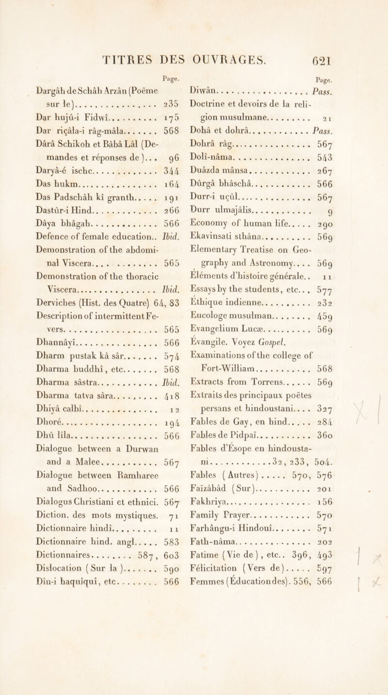 Page. Dargâh deSchâh Àrzân (Poëme sur le) 2.35 Dar hujû-i Fidwî 175 Dar riçâla-i râg-mâla 5G8 Dârâ Schikoh et Bâbâ Lâl (De- mandes et réponses de ).. . 96 Daryâ-é ischc 344 Das hukm i64 Das Padschâh kî granth 191 Dastûr-i Hind 266 Dâya bhâgah 566 Defence of female éducation.. Ibid. Démonstration of the abdomi- nal Yiscera 565 Démonstration of the thoracic Viscera Ibid. Derviches (Hist. des Quatre) 64, 83 Description of intermittent Fe- vers 565 Dhannâyî 566 Dharm pustak kâ sâr 574 Dharma buddhî, etc 568 Dharma sâstra Ibid. Dharma tatva sâra......... 418 Dhiyâ calbî 12 Dboré 194 Dhû lîla 566 Dialogue between a Durwan and a Malee 567 Dialogue between Piamharee and Sadhoo 566 Dialogus Christiani et ethnici. 567 Diction, des mots mystiques. 71 Dictionnaire hindi . 1 x Dictionnaire hind. angl 583 Dictionnaires 587, 6o3 Dislocation (Sur la ) 590 Dîn-i haquîquî, etc 566 Page. Diwân Pass. Doctrine et devoirs de la reli- gion musulmane 21 Dohâ et dohrâ Pass. Dolirâ râg. 567 Dolî-nâma 543 Duâzda mânsa 267 Dûrgâ bhâschâ 566 Durr-i uçûl 567 Durr ulmajâlis 9 Economy of human life 290 Ekavinsati sthâna 569 Elementary Treatise on Geo- graphy and Astronomy.... 569 Eléments d’histoire générale.. 11 Essaysby the students, etc.. . 577 / Ethique indienne 232 Eucologe musulman 459 Evangelium Lucæ 569 Evangile. Voyez Gospel. Examinations of the college of Fort-William 568 Extracts from Torrens 569 Extraits des principaux poètes persans et hindoustani.. . . 327 Fables de Gay, en hind 284 Fables de Pidpaï. 360 Fables d’Ésope en hindousta- ni 32,233, 5o4- Fables (Autres) 570, 576 Faïzâbâd (Sur) 201 Fakhriya 1 56 Family Frayer 570 Farhângu-i Hindouî.. » 571 Fath-nâma 202 Fatime ( Vie de ) , etc.. 396, 493 Félicitation (Vers de) 597 Femmes (Educationdes). 556, 566