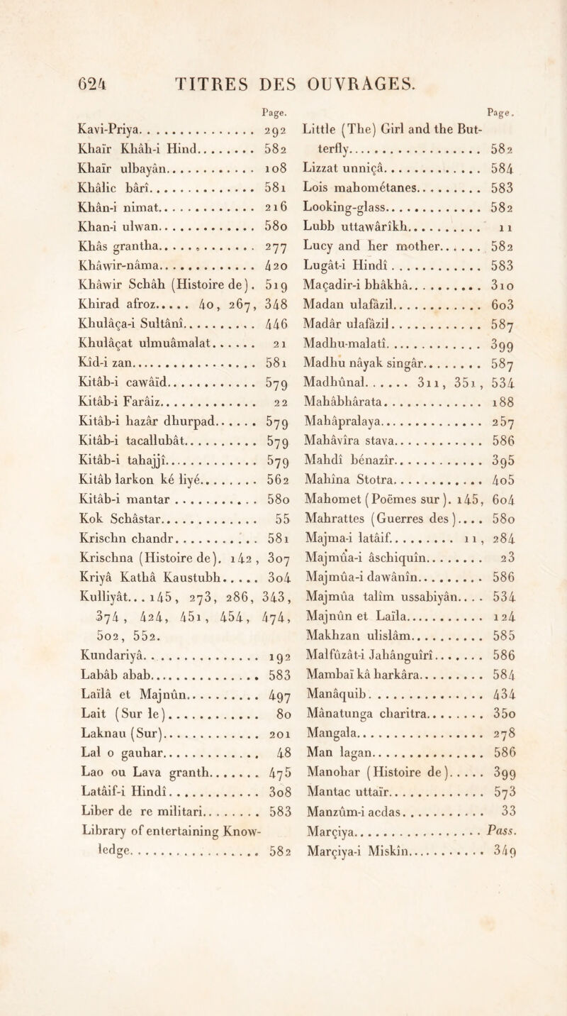 Page. Kavi-Priya 292 Khaïr Khâli-i Hind 582 Khaïr ulbayân 108 Khâlic bârî 581 Khân-i nimat 216 Khan-i ulwan 58o Kbâs grantha 277 Khâwir-nâma 420 Khâwir Schâb (Histoire de). 5ig Khirad afroz 4o, 267, 348 Khulâça-i Sultânî 446 Khulâçat ulmuâmalat 21 Kîd-i zan 581 Kitâb-i cawâïd.. 579 Kitâb-i Farâiz 22 Kitâb-i hazâr dhurpad 579 Kitâb-i tacallubât 579 Kitâb-i tahajjî 579 Kitâb larkon ké iiyé 562 Kitâb-i mantar 58o Kok Scbâstar 55 Kriscbn chandr 58i Krischna (Histoire de). i4-2, 307 Kriyâ Katbâ Kaustubh 3o4 Kulliyât.. . 145 , 273, 286, 343, 374, 424, 451, 454, 474, 5o2, 552. Kundariyâ ig2 Labâb abab 583 Laïlâ et Majnûn 497 Lait (Sur le) 80 Laknau (Sur) 201 Lal o gauhar 48 Lao ou Lava granth 47 5 Latâif-i Hindi 3o8 Liber de re militari.. 583 Library of entertaining Know- ledge 582 Page. Little (The) Girl and the But- terfly 582 Lizzat unniçâ 584 Lois mahométanes 583 Looking-glass 582 Lubb uttawârîkh. 11 Lucy and her rnother 582 Lugât-i Hindi 583 Maçadir-i bhâkhâ.. . 3io Madan ulafâzil 6o3 Madâr ulafâzil 58 7 Madhu-malatî 399 Madhu nâyak singâr 587 Madhûnal 3n, 351, 534 Mahâbhârata 188 Mabâpralaya 257 Mabâvîra stava 586 Mahdî bénazîr 395 Mabîna Stotra 4o5 Mahomet (Poëmes sur ). 145, 6o4 Mahrattes (Guerres des).... 58o Majma-i latâif. 11, 284 Majmûa-i âschiquîn 2 3 Majmûa-i dawânîn 586 Majmûa talîm ussabiyân.. . . 534 Majnûn et Laïla 124 Makhzan ulislâm 585 Malfûzât-i Jahânguîrî 586 Mambaï kâ barkâra 584 Manâquib 434 Mânatunga cliaritra 35o Mangala 278 Man lagan 586 Manohar (Histoire de) 399 Mantac uttaïr 573 Manzûm-i acdas 33 Marçiya Pass. Marçiya-i Miskîn 34g