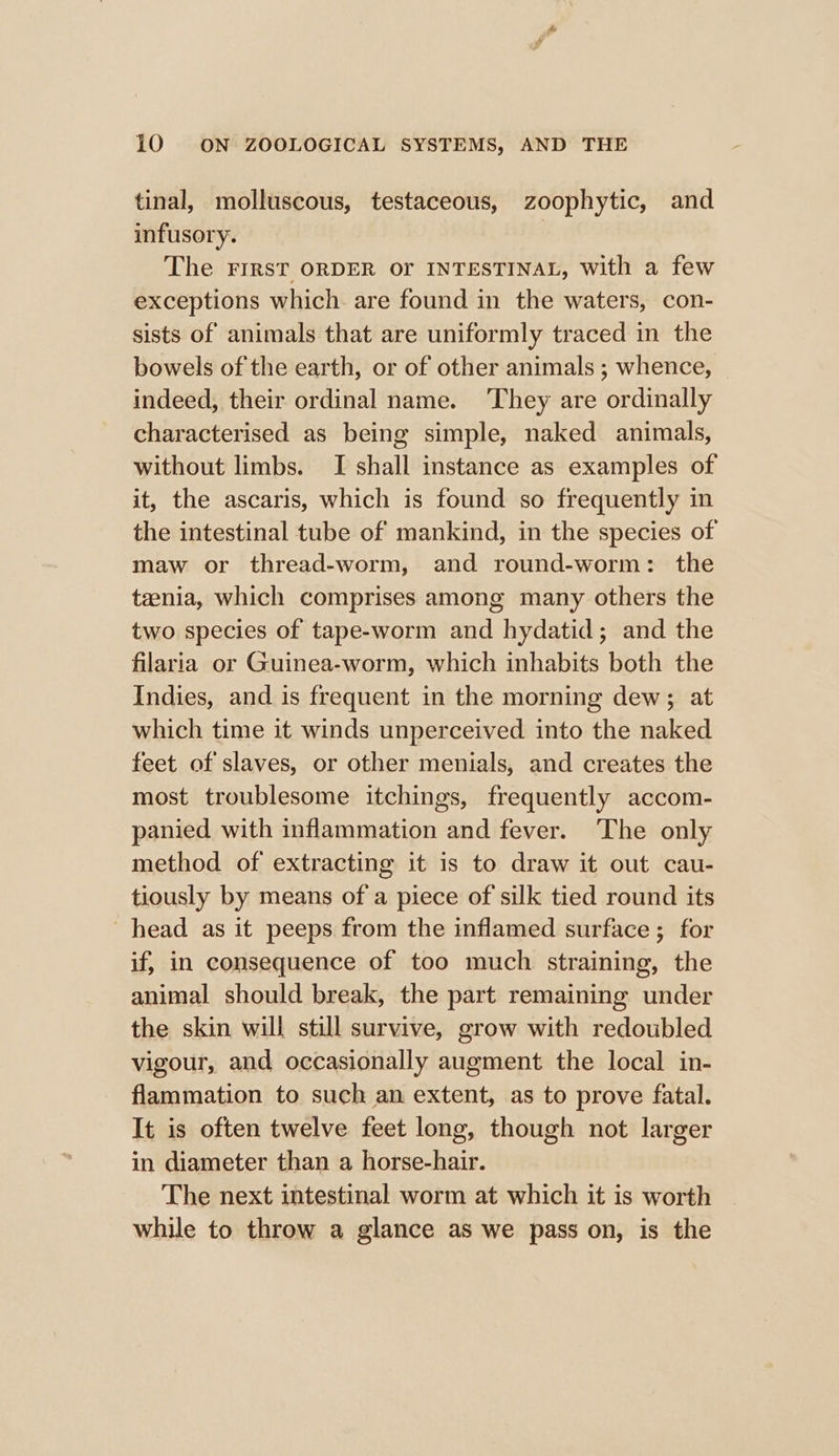 tinal, molluscous, testaceous, zoophytic, and infusory. The FIRST ORDER OF INTESTINAL, with a few exceptions which are found in the waters, con- sists of animals that are uniformly traced in the bowels of the earth, or of other animals ; whence, indeed, their ordinal name. ‘They are ordinally characterised as being simple, naked animals, without limbs. I shall instance as examples of it, the ascaris, which is found so frequently in the intestinal tube of mankind, in the species of maw or thread-worm, and round-worm: the tenia, which comprises among many others the two species of tape-worm and hydatid; and the filaria or Guinea-worm, which inhabits both the Indies, and is frequent in the morning dew; at which time it winds unperceived into the naked feet of slaves, or other menials, and creates the most troublesome itchings, frequently accom- panied with inflammation and fever. ‘The only method of extracting it is to draw it out cau- tiously by means of a piece of silk tied round its head as it peeps from the inflamed surface ; for if, in consequence of too much straining, the animal should break, the part remaining under the skin will still survive, grow with redoubled vigour, and occasionally augment the local in- flammation to such an extent, as to prove fatal. It is often twelve feet long, though not larger in diameter than a horse-hair. The next intestinal worm at which it is worth while to throw a glance as we pass on, is the