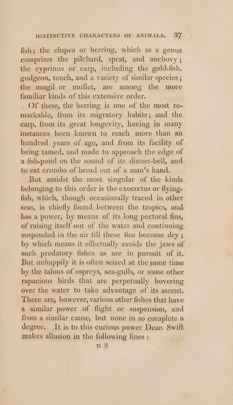 fish; the clupea or herring, which as a genus comprises the pilchard, sprat, and anchovy ; the cyprinus or carp, including the gold-fish. gudgeon, tench, and a variety of similar species ; the mugil or mullet, are among the more familiar kinds of this extensive order. Of these, the herring is one of the most re- markable, from its migratory habits; and the carp, from its great longevity, having in many instances been known to reach more than an hundred years of age, and from its facility of being tamed, and made to approach the edge of a fish-pond on the sound of its dinner-bell, and to eat crumbs of bread out of a man’s hand. But amidst the most singular of the kinds belonging to this order is the exoccetus or flying- fish, which, though occasionally traced in other seas, is chiefly found between the tropics, and has a power, by means of its long pectoral fins, of raising itself out of the water and continuing suspended in the air till these fins become dry ; by which means it effectually avoids the jaws of such predatory fishes as are in pursuit of it. But unhappily it is often seized at the same time by the talons of ospreys, sea-gulls, or some other rapacious birds that are perpetually hovering over the water to take advantage of its ascent. There are, however, various other fishes that have a similar power of flight or suspension, and from a similar cause, but none in so complete a degree. It is to this curious power Dean Swift makes allusion in the following lines : D3
