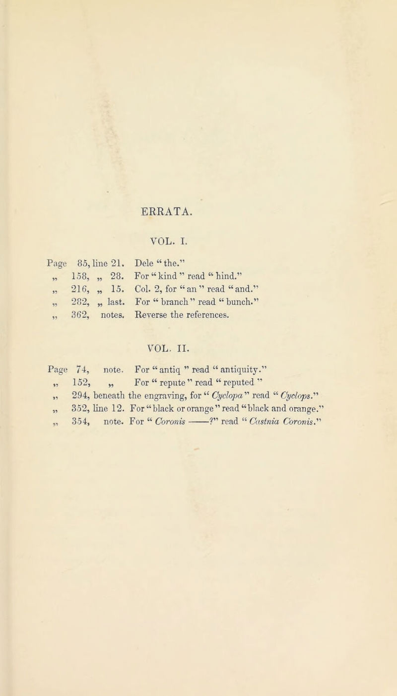 ERRATA. VOL. I. Page 85, line 21. Dele “ the.” 99 158, „ 28. For “ kind ” read “ hind.” 99 216, * 15. Col. 2, for “ an ” read “ and.” 99 282, ^ last. For “ branch” read “ bunch.” 99 362, notes. Reverse the references. VOL. II. Page 74, note. For “antiq ” read “ antiquity.” 99 152, 99 For “ repute ” read “ reputed ” 99 294, beneath the engraving, for “ Cyclopa ” read “ Cyclops. 99 352, line 12. For “black or orange’’read “black and orange.” 99 354, note. For “ Coronis ?” read “ Castnia Coronis.