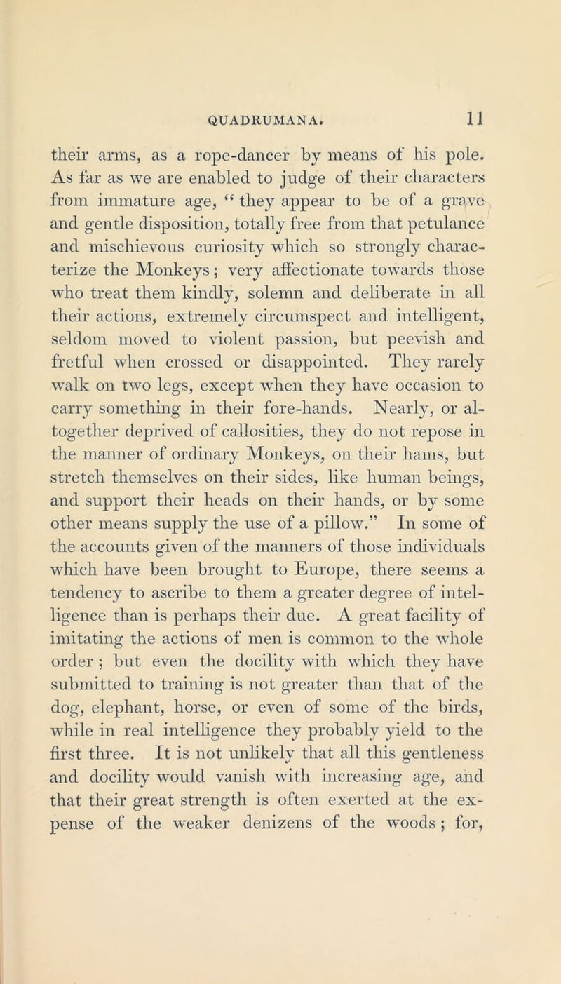 their arms, as a rope-dancer by means of his pole. As far as we are enabled to judge of their characters from immature age, “ they appear to be of a grave and gentle disposition, totally free from that petulance and mischievous curiosity which so strongly charac- terize the Monkeys; very affectionate towards those who treat them kindly, solemn and deliberate in all their actions, extremely circumspect and intelligent, seldom moved to violent passion, but peevish and fretful when crossed or disappointed. They rarely walk on two legs, except when they have occasion to carry something in their fore-liancls. Nearly, or al- together deprived of callosities, they do not repose in the manner of ordinary Monkeys, on their hams, but stretch themselves on their sides, like human beings, and support their heads on their hands, or by some other means supply the use of a pillow.” In some of the accounts given of the manners of those individuals which have been brought to Europe, there seems a tendency to ascribe to them a greater degree of intel- ligence than is perhaps their due. A great facility of imitating the actions of men is common to the whole order ; but even the docility with which they have submitted to training is not greater than that of the dog, elephant, horse, or even of some of the birds, while in real intelligence they probably yield to the first three. It is not unlikely that all this gentleness and docility would vanish with increasing age, and that their great strength is often exerted at the ex- pense of the weaker denizens of the woods ; for,
