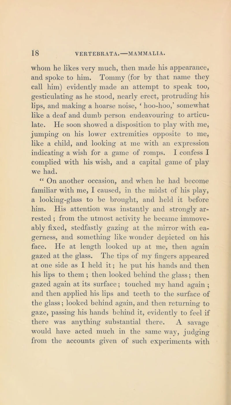 whom he likes very much, then made his appearance, and spoke to him. Tommy (for by that name they call him) evidently made an attempt to speak too, gesticulating as he stood, nearly erect, protruding his lips, and making a hoarse noise, ‘ hoo-hoo,’ somewhat like a deaf and dumb person endeavouring to articu- late. He soon showed a disposition to play with me, jumping on his lower extremities opposite to me, like a child, and looking at me with an expression indicating a wish for a game of romps. I confess I complied with his wish, and a capital game of play we had. “ On another occasion, and when he had become familiar with me, I caused, in the midst of his play, a looking-glass to be brought, and held it before him. His attention was instantly and strongly ar- rested ; from the utmost activity he became innnove- ably fixed, stedfastly gazing at the mirror with ea- gerness, and something like wonder depicted on his face. He at length looked up at me, then again gazed at the glass. The tips of my fingers appeared at one side as I held it; he put his hands and then his lips to them ; then looked behind the glass; then gazed again at its surface; touched my hand again ; and then applied his lips and teeth to the surface of the glass; looked behind again, and then returning to gaze, passing his hands behind it, evidently to feel if there was anything substantial there. A savage would have acted much in the same way, judging from the accounts given of such experiments with