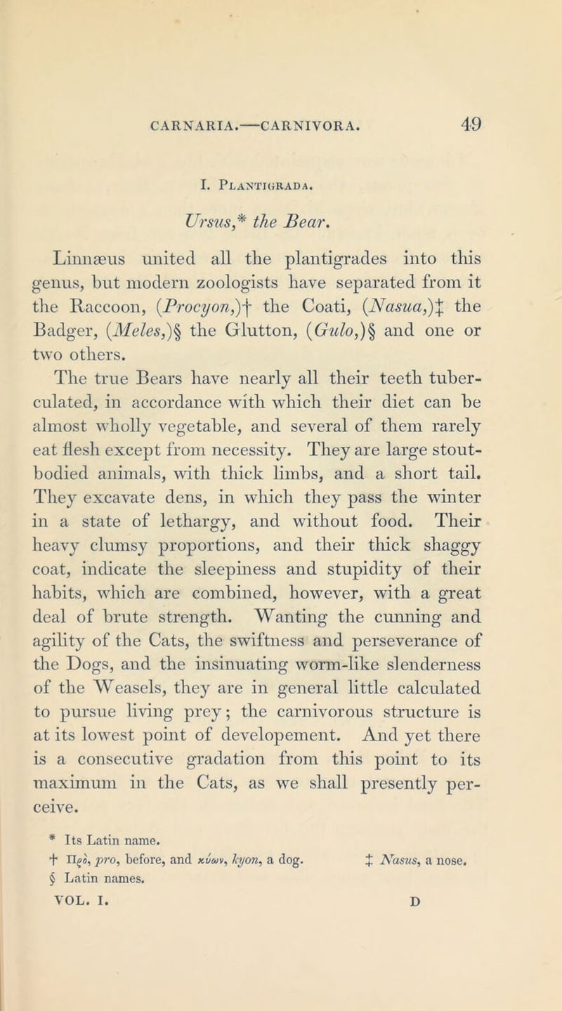 I. Plantiurada. TJrsus,* the Bear. Linnaeus united all the plantigrades into this genus, hut modern zoologists have separated from it the Raccoon, (Procyon,)f the Coati, (Nasua,)\ the Badger, (Meles,)§ the Glutton, (Gulo,)§ and one or two others. The true Bears have nearly all their teeth tuber- culated, in accordance with which their diet can be almost wholly vegetable, and several of them rarely eat flesh except from necessity. They are large stout- bodied animals, with thick limbs, and a short tail. They excavate dens, in which they pass the winter in a state of lethargy, and without food. Their heavy clumsy proportions, and their thick shaggy coat, indicate the sleepiness and stupidity of their habits, which are combined, however, with a great deal of brute strength. Wanting the cunning and agility of the Cats, the swiftness and perseverance of the Dogs, and the insinuating worm-like slenderness of the Weasels, they are in general little calculated to pursue living prey; the carnivorous structure is at its lowest point of developement. And yet there is a consecutive gradation from this point to its maximum in the Cats, as we shall presently per- ceive. * Its Latin name. + n^a, pro, before, and xuav, Icyon, a dog. X Nasus, a nose. § Latin names. VOL. I. D