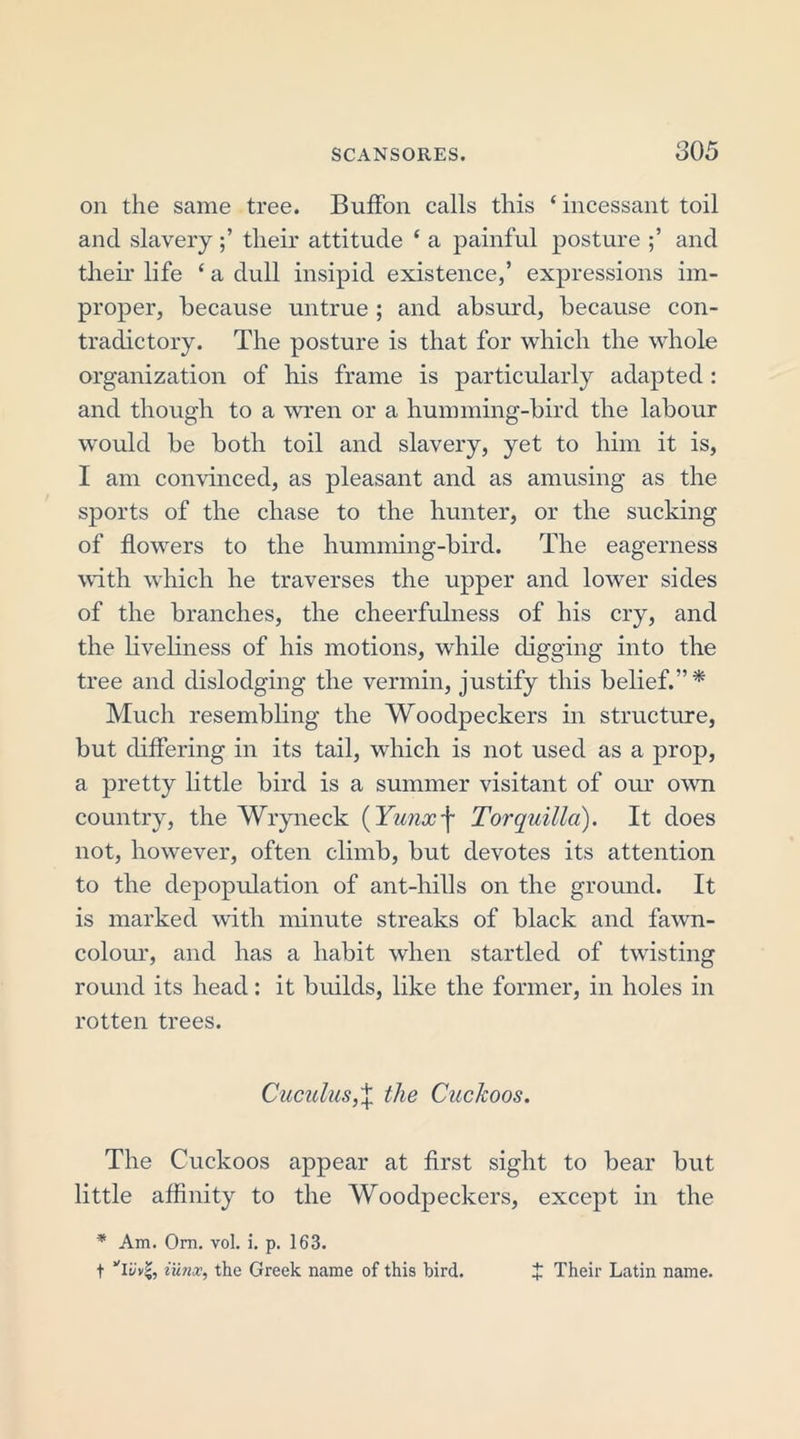 on the same tree. BufFon calls this ‘ incessant toil and slaverytheir attitude ‘ a painful posture and their life ‘ a dull insipid existence,’ expressions im- proper, because untrue ; and absurd, because con- tradictory. The posture is that for which the whole organization of his frame is particularly adapted: and though to a wren or a humming-bird the labour would be both toil and slavery, yet to him it is, I am convinced, as pleasant and as amusing as the sports of the chase to the hunter, or the sucking of flowers to the humming-bird. The eagerness with which he traverses the upper and lower sides of the branches, the cheerfulness of his cry, and the liveliness of his motions, while digging into the tree and dislodging the vermin, justify this belief.”* Much resembling the Woodpeckers in structure, but differing in its tail, which is not used as a prop, a pretty little bird is a summer visitant of our own country, the Wryneck (Yunx\ Torquillo). It does not, however, often climb, but devotes its attention to the depopulation of ant-hills on the ground. It is marked with minute streaks of black and fawn- colour, and has a habit when startled of twisting round its head: it builds, like the former, in holes in rotten trees. Cuculus,% the Cuckoos. The Cuckoos appear at first sight to bear but little affinity to the Woodpeckers, except in the * Am. Om. vol. i. p. 163. t yIi/v§, iiinx, the Greek name of this bird. X Their Latin name.
